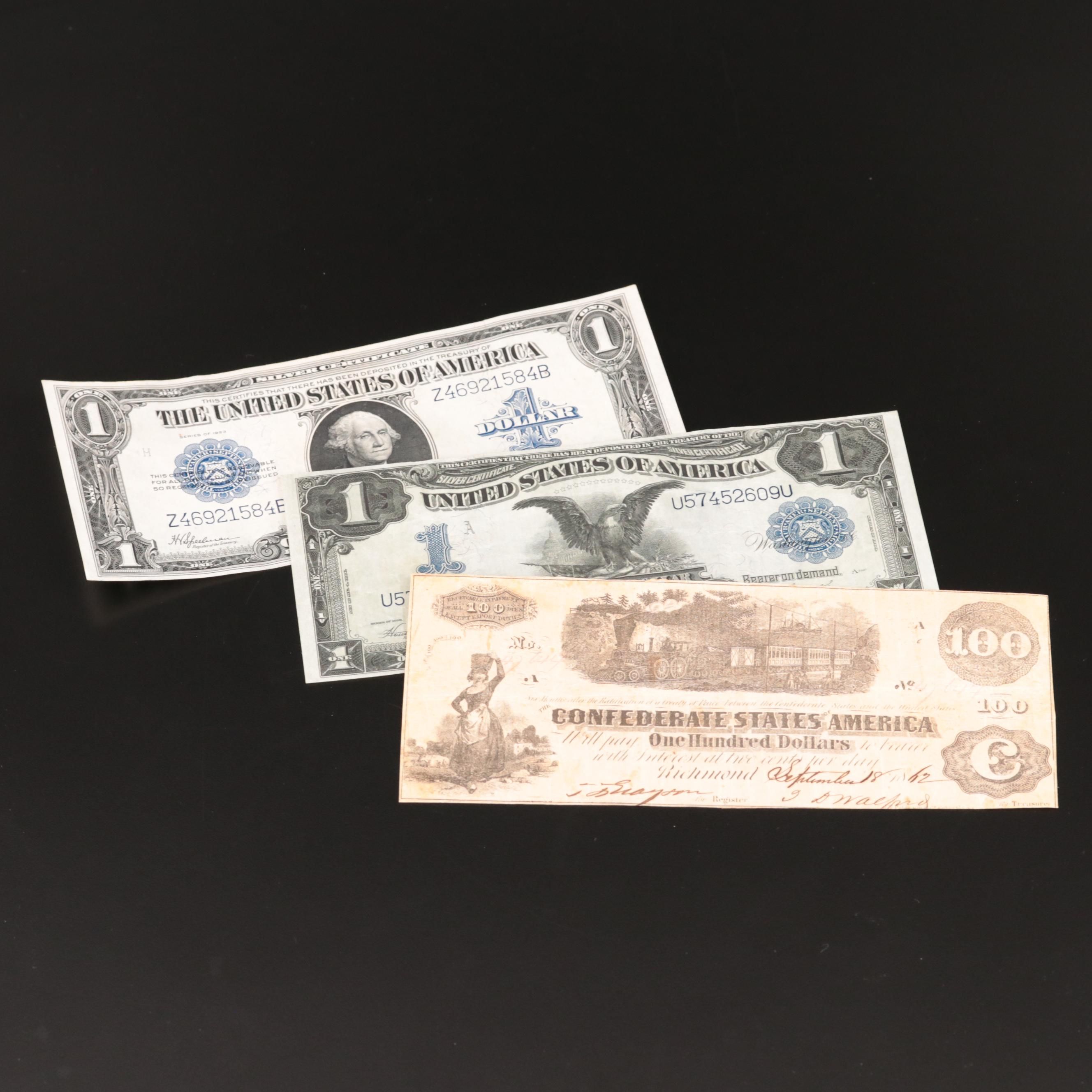 Three Large-Size Banknotes, U.S. and CSA Currency