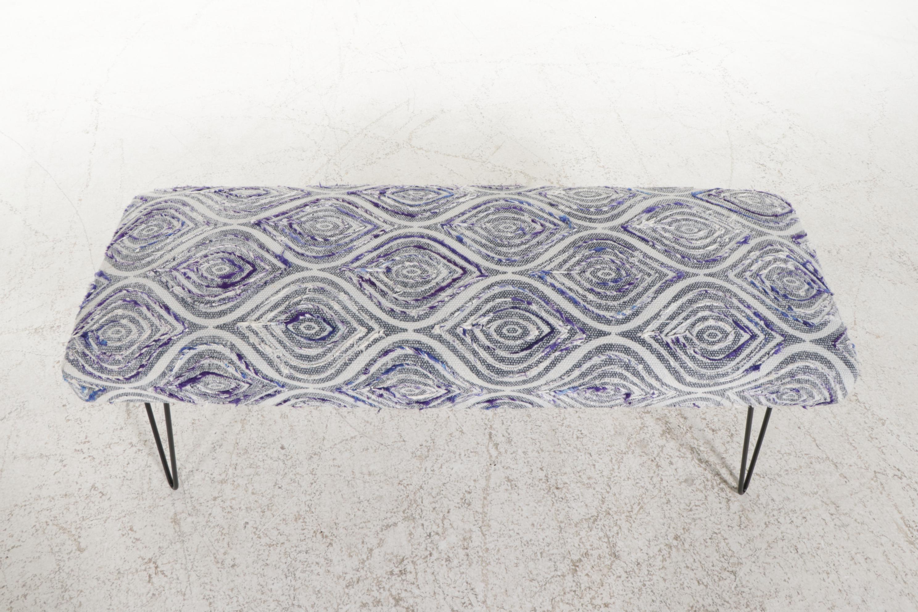 Contemporary Embellished Cotton Upholstered Bench with Hairpin Legs