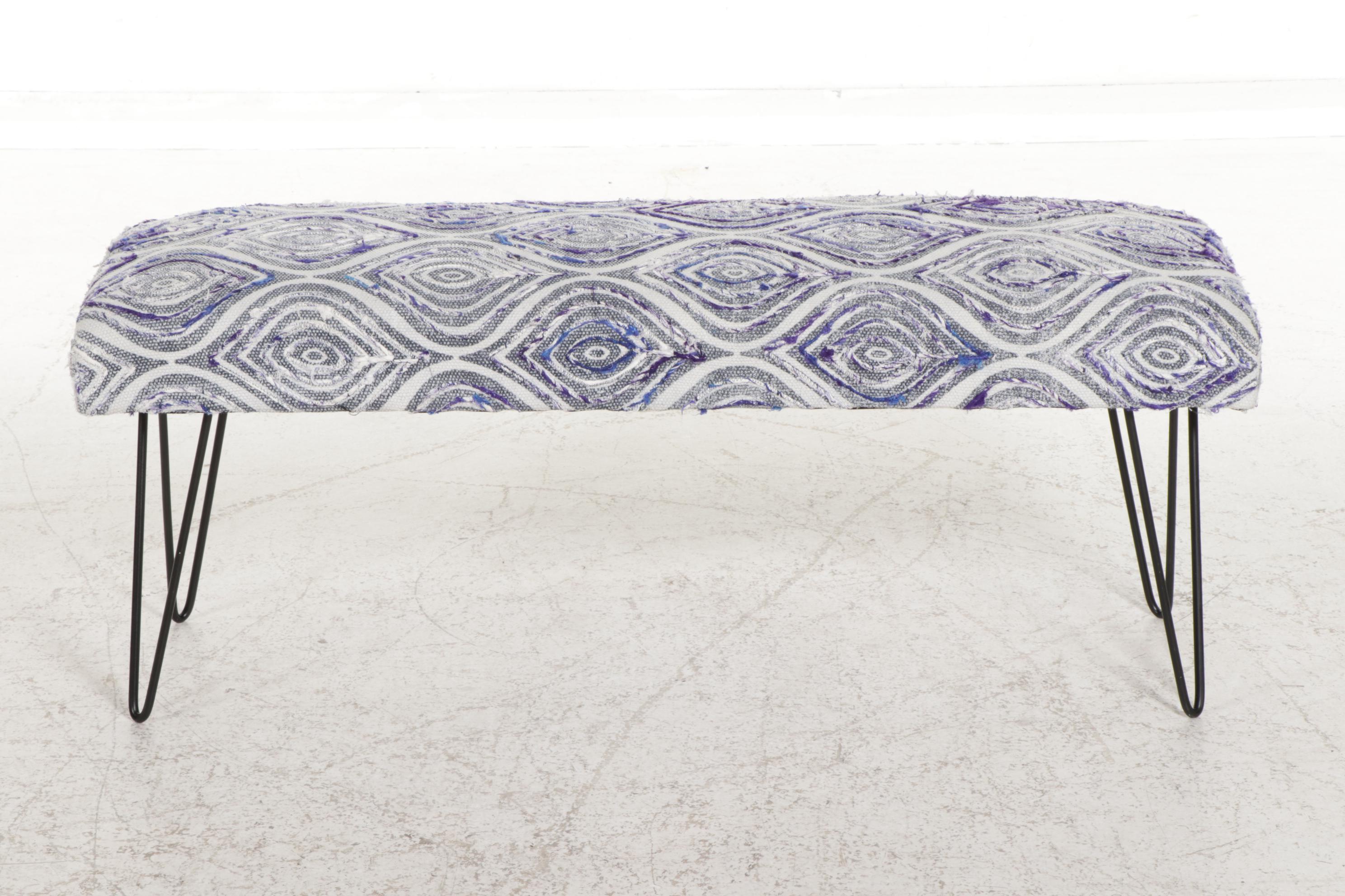 Contemporary Embellished Cotton Upholstered Bench with Hairpin Legs