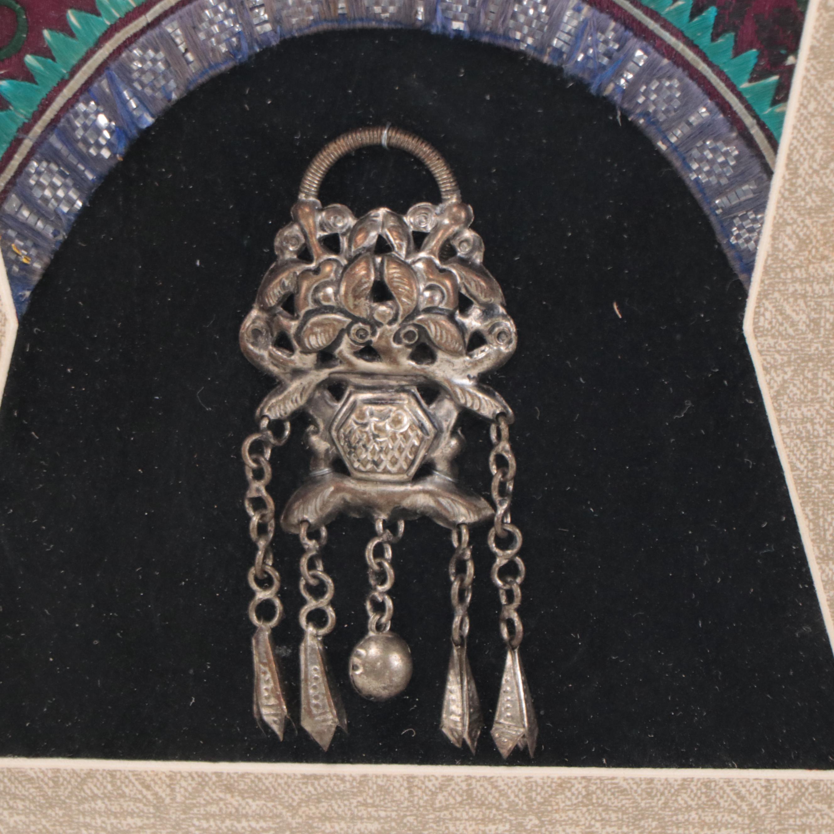 Miao Chinese Silvered Metal Ornament and Embroidery Samples