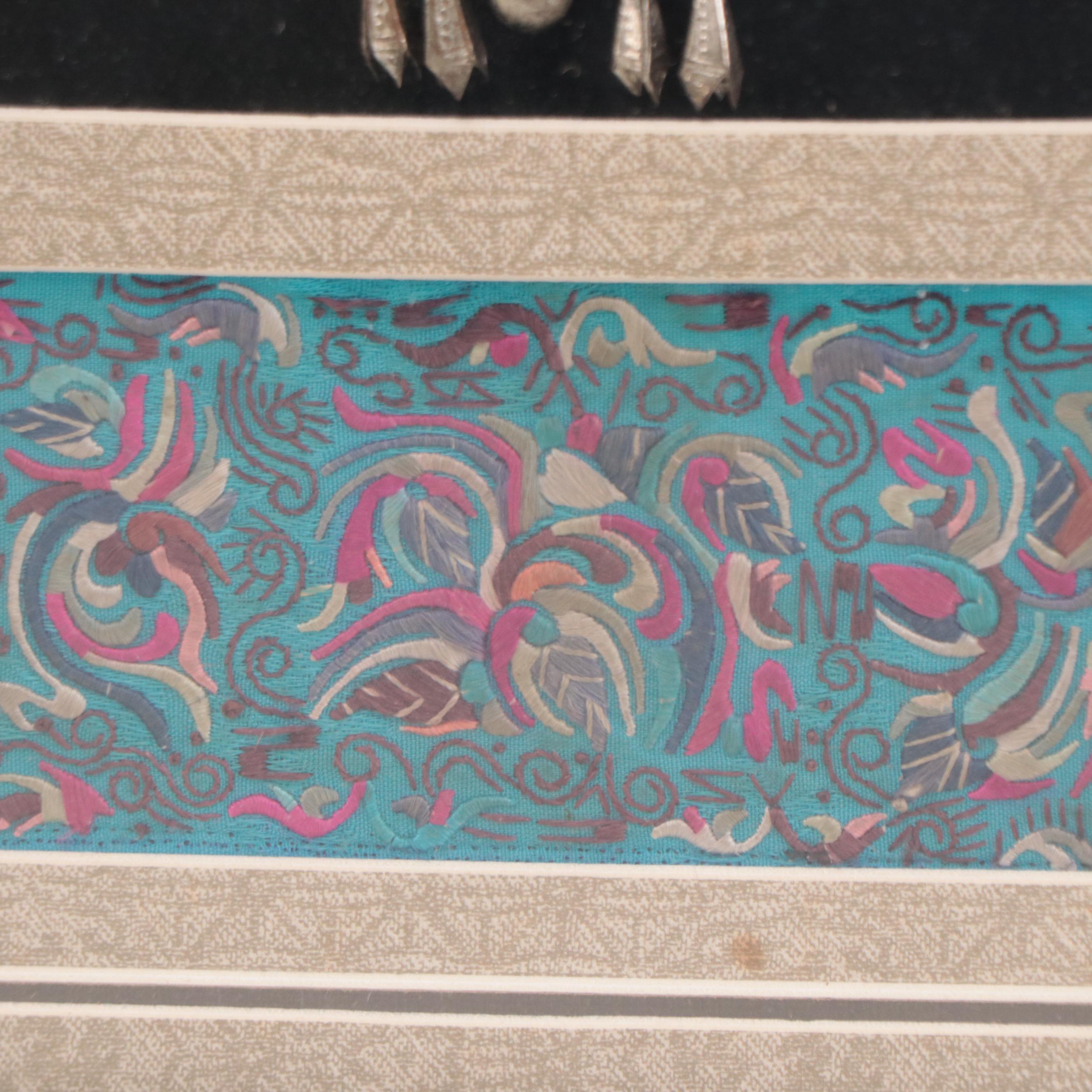 Miao Chinese Silvered Metal Ornament and Embroidery Samples