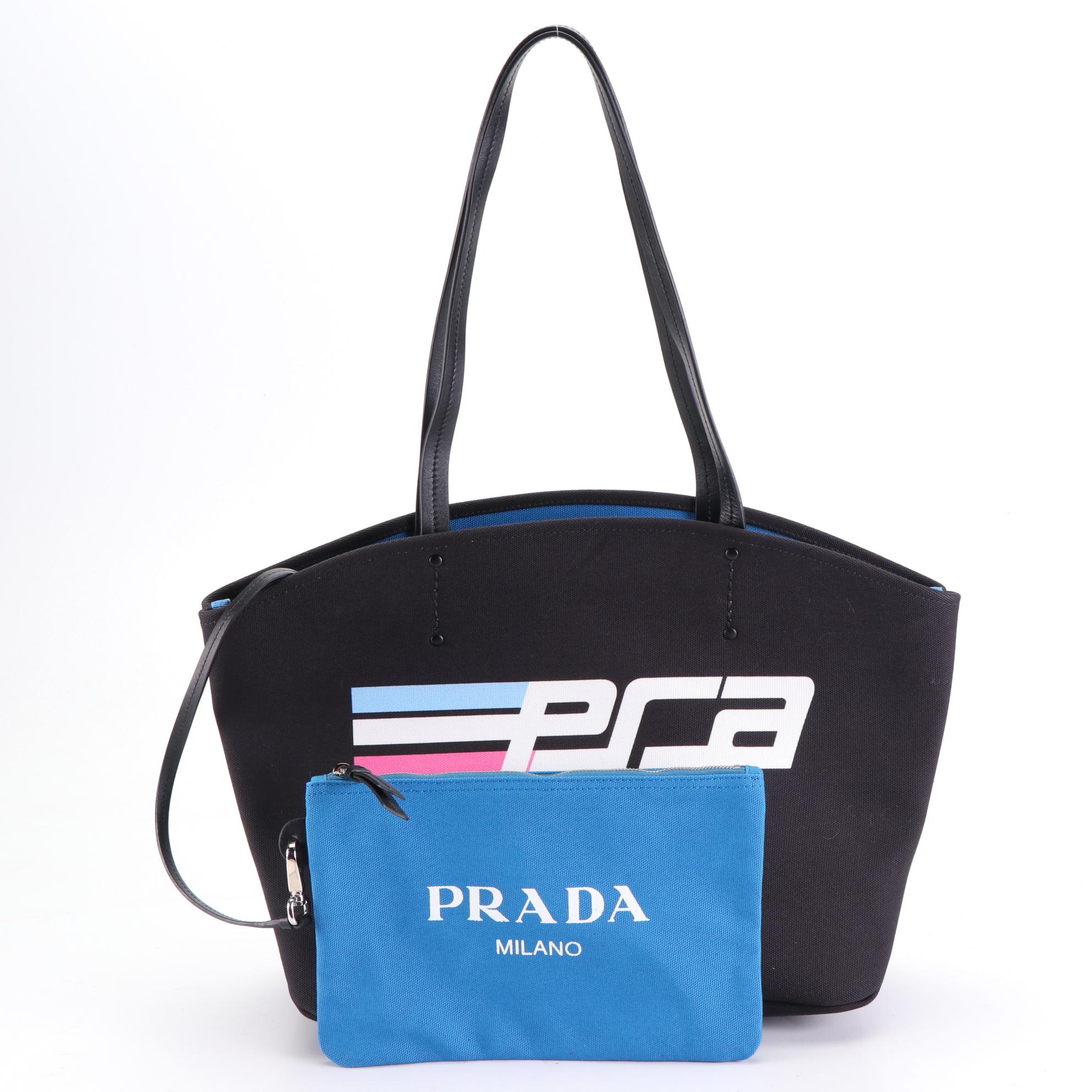 Prada Shopping Tote 1BG221 in Logo Canapa Canvas with Zip Pouch