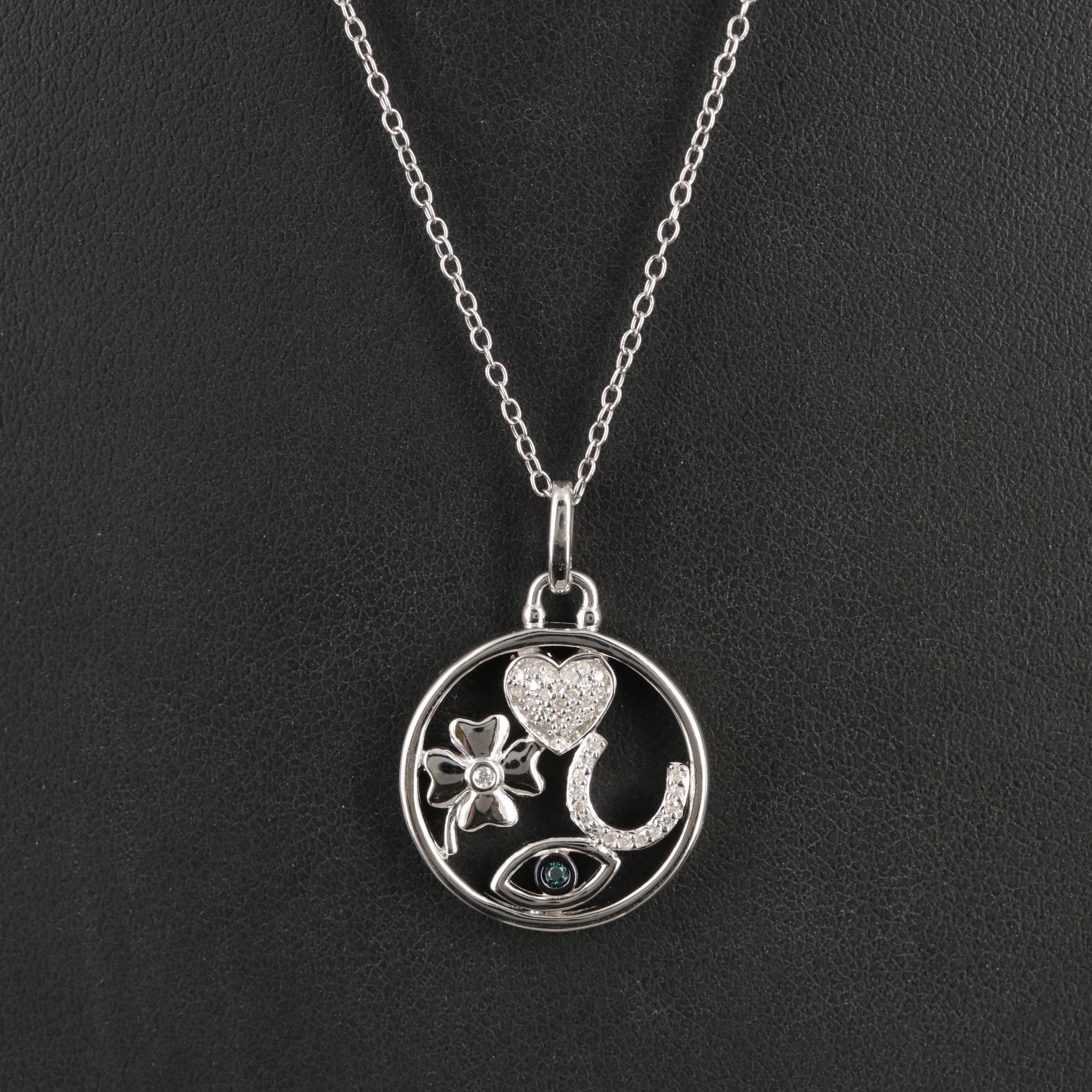 Hallmark Sterling Diamond Heart, Clover, Horseshoe and Evil Eye Pendant Necklace
