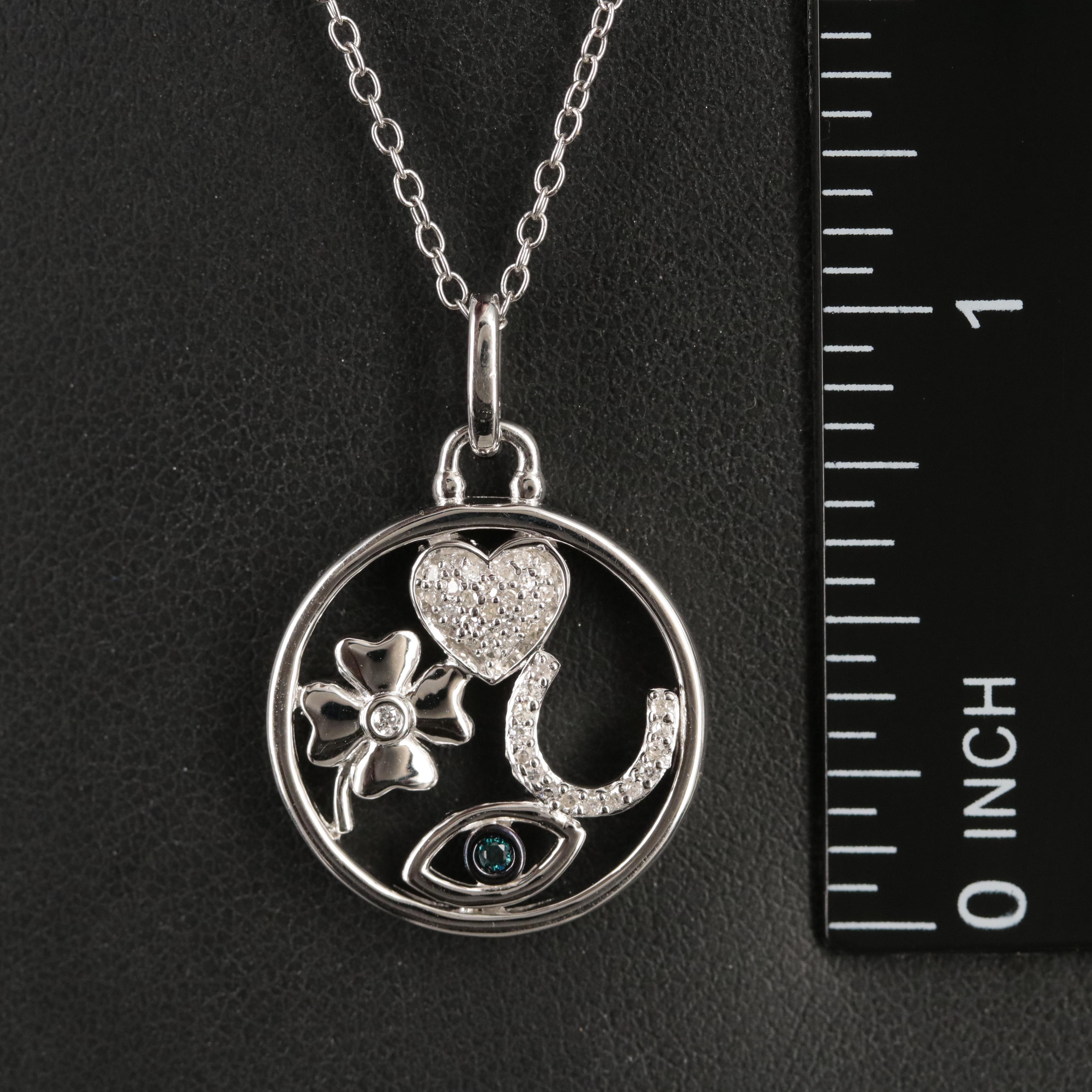 Hallmark Sterling Diamond Heart, Clover, Horseshoe and Evil Eye Pendant Necklace