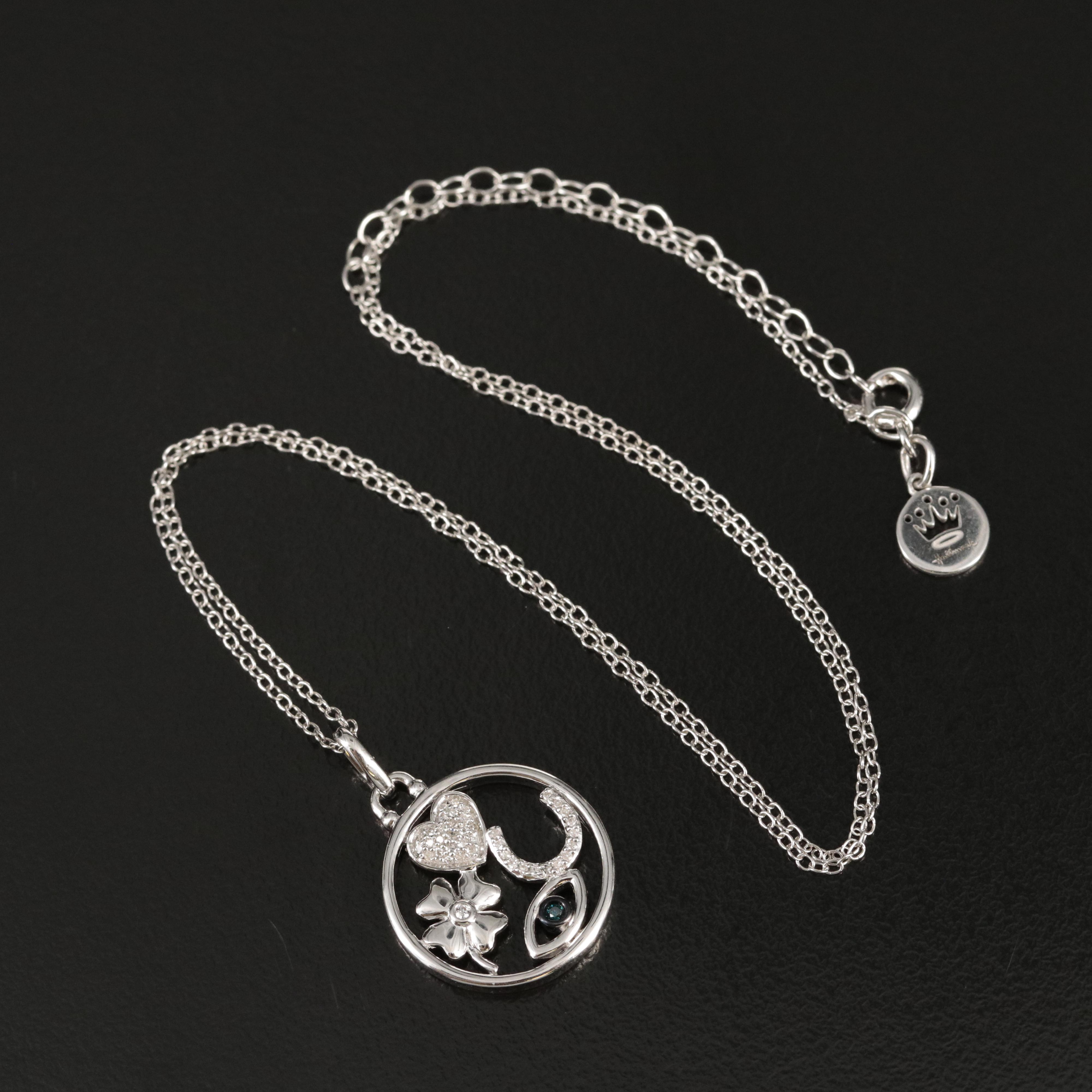 Hallmark Sterling Diamond Heart, Clover, Horseshoe and Evil Eye Pendant Necklace