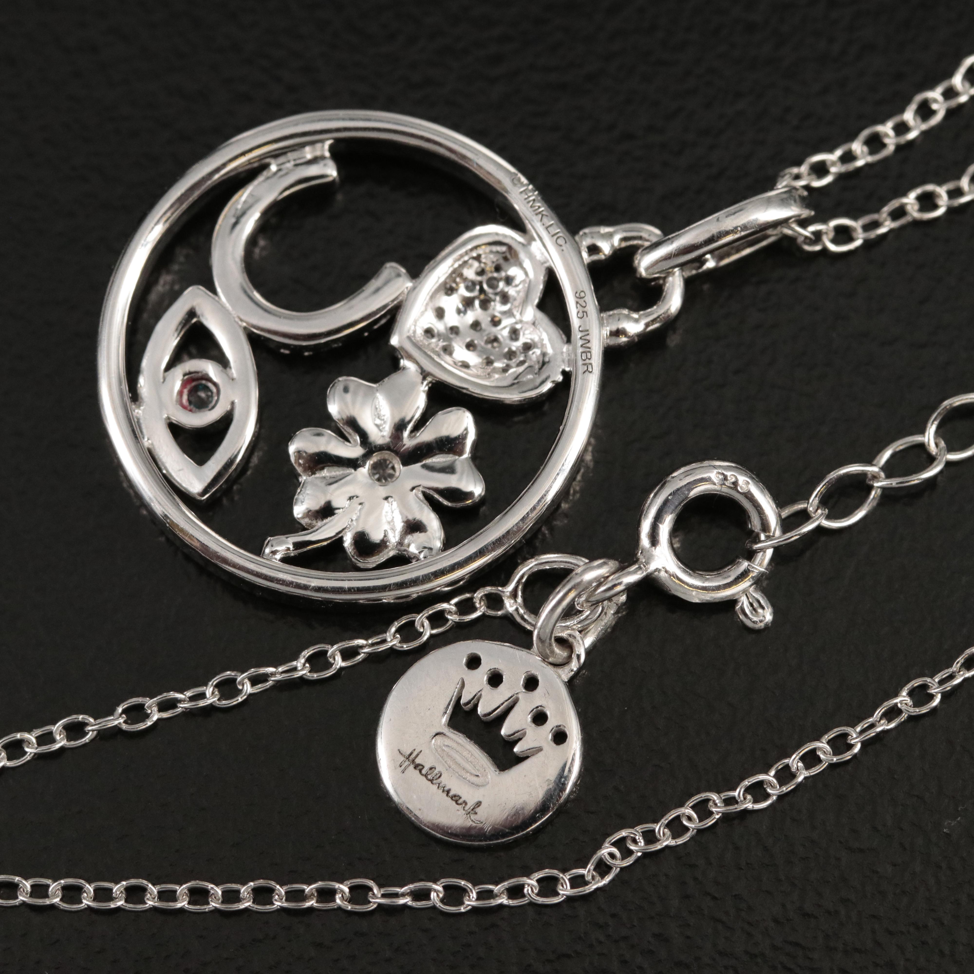 Hallmark Sterling Diamond Heart, Clover, Horseshoe and Evil Eye Pendant Necklace