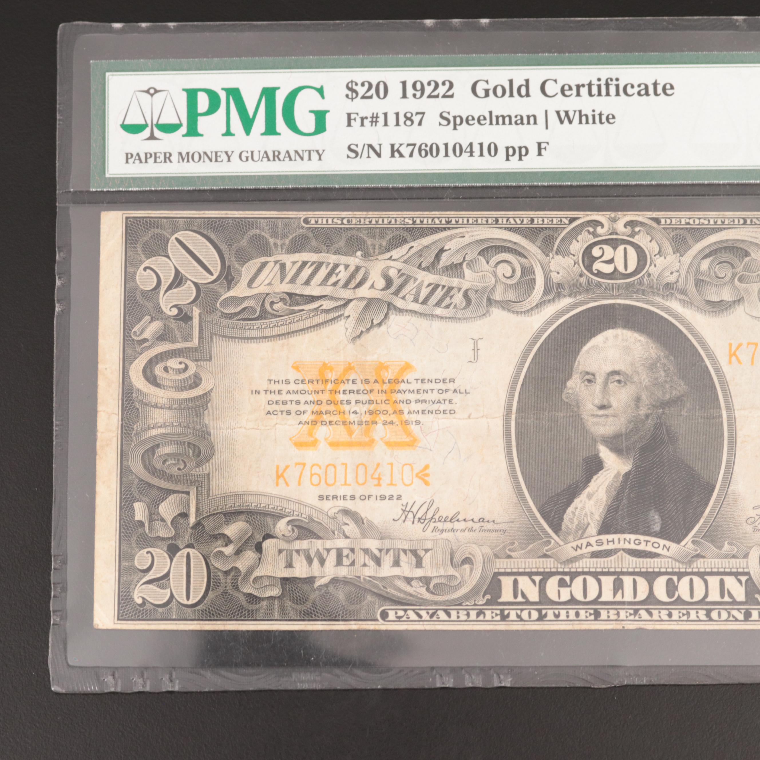 Two U.S. Large-Size Banknotes, Including PMG Graded $20 Gold Certificate