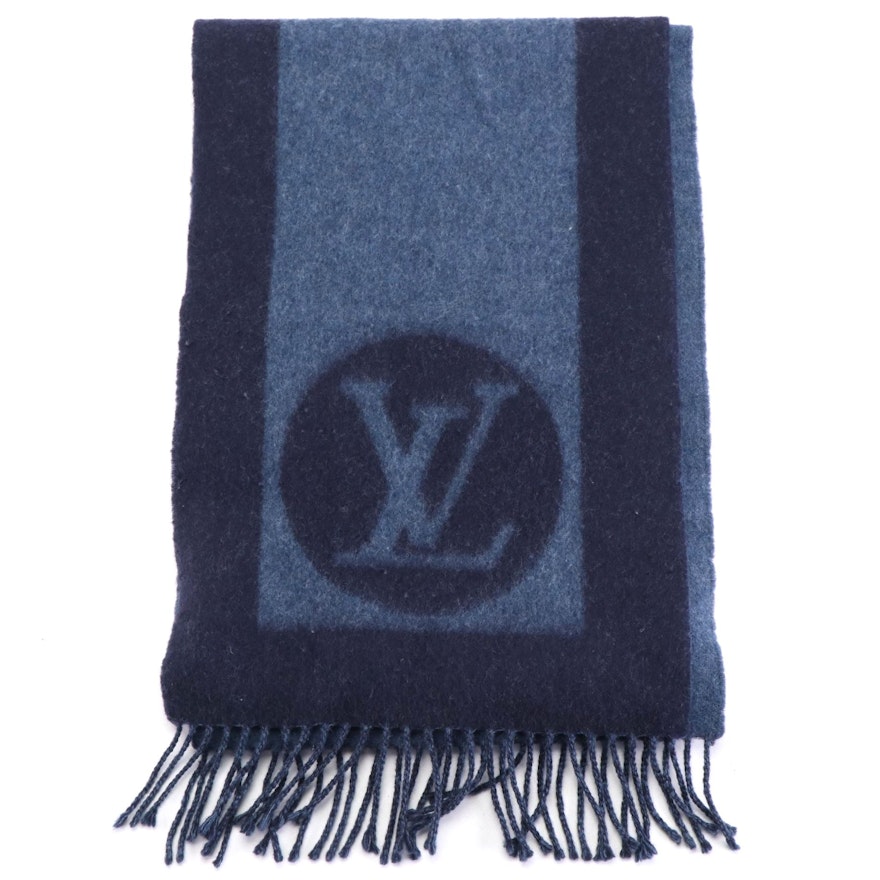 Louis Vuitton Logo Scarf in Blue Wool/Cashmere Blend with Fringe