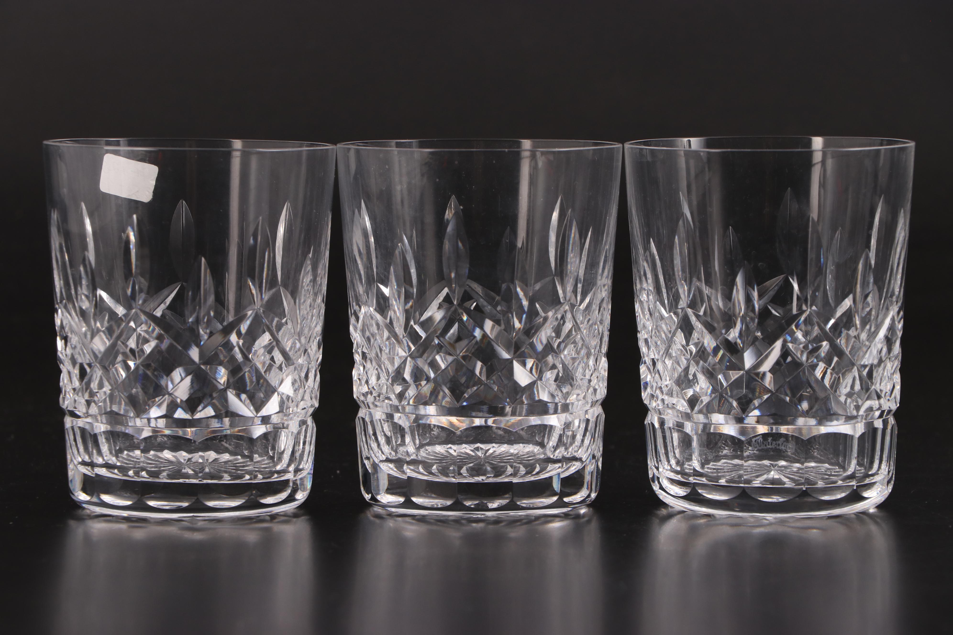 Waterford "Lismore" Old Fashioned Glasses with Silver Plate Ice Bucket and Spoon