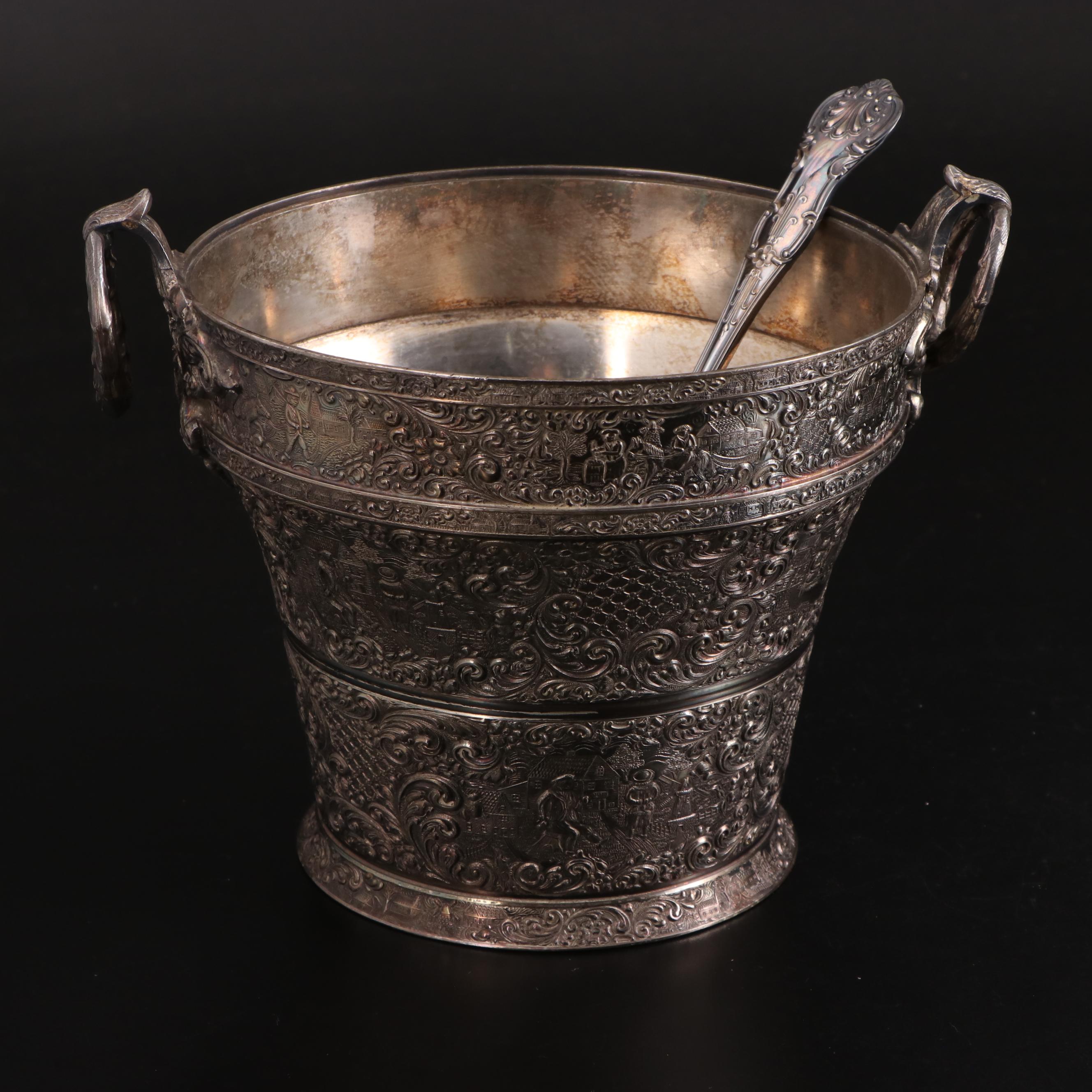 Waterford "Lismore" Old Fashioned Glasses with Silver Plate Ice Bucket and Spoon