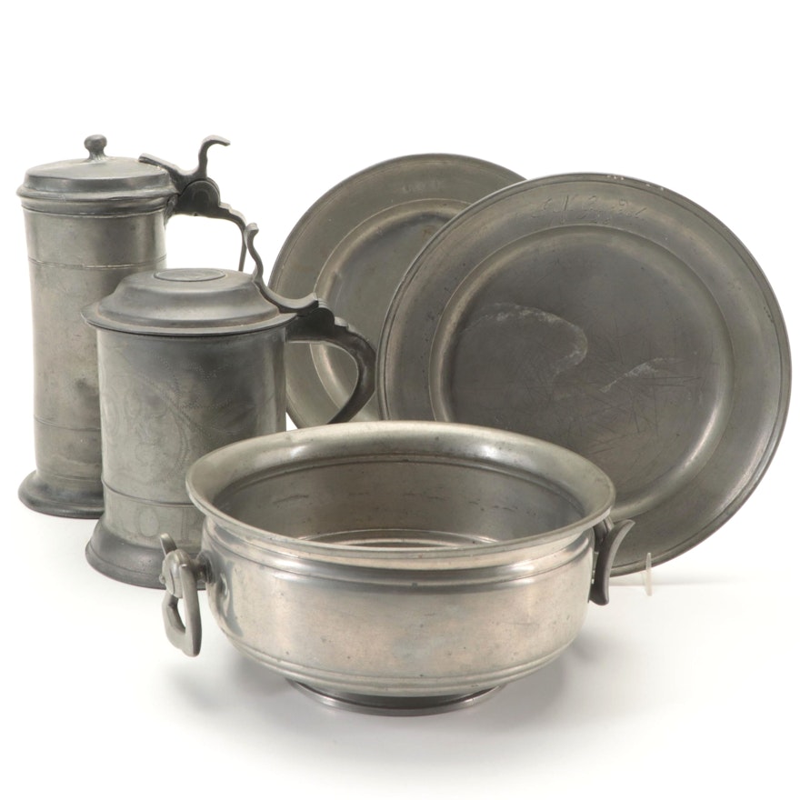 Svenskt Tenn Swedish Pewter Bowl with Pewter Tankards and Plates