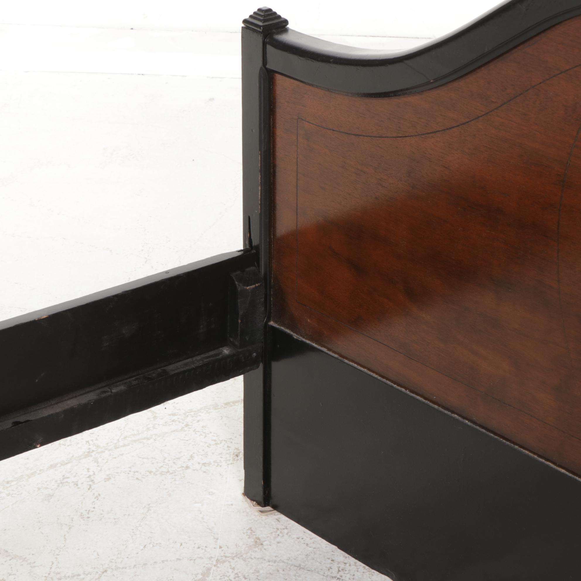 Art Deco Ebonized Wood and Walnut Full Size Bed Frame, Early to Mid 20th Century