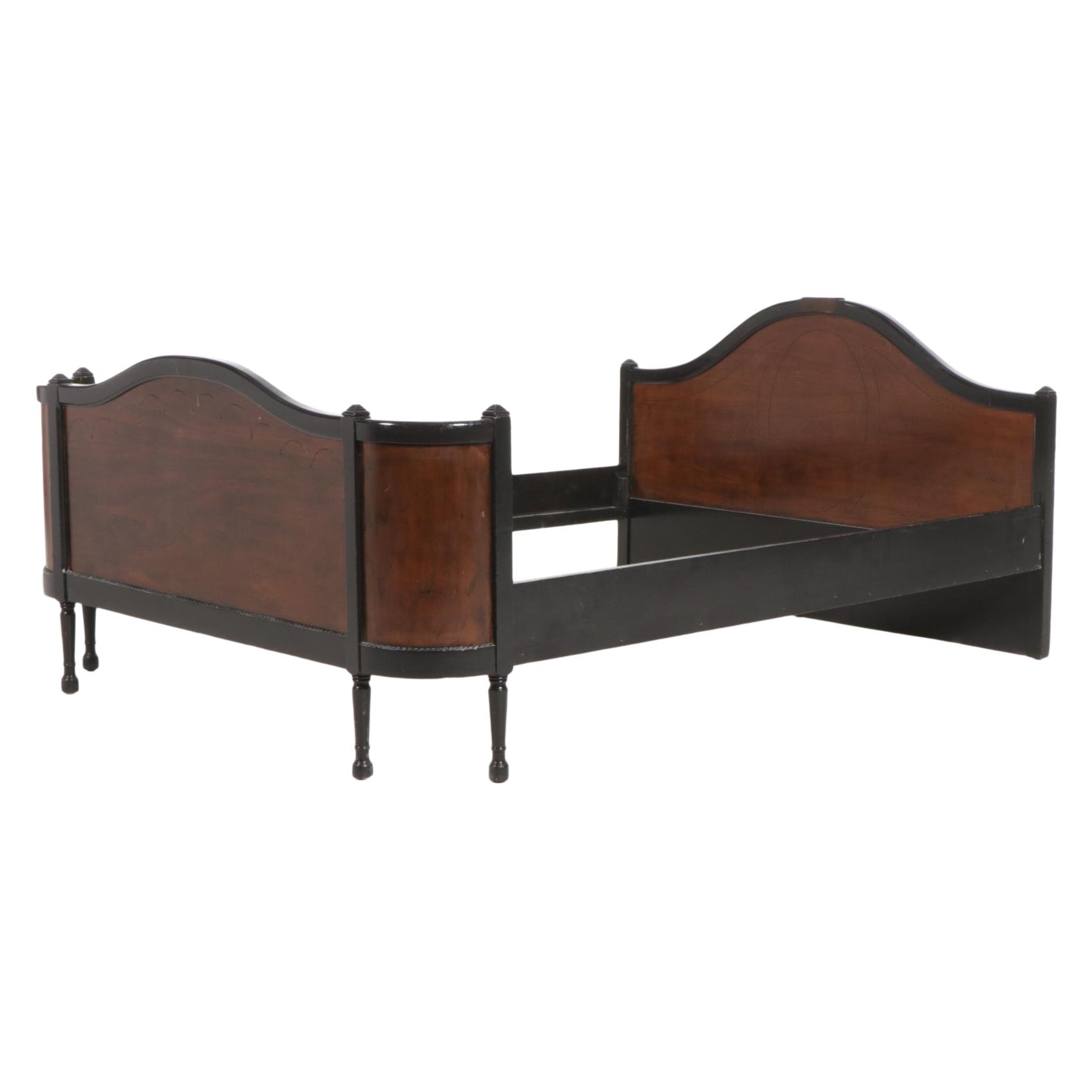 Art Deco Ebonized Wood and Walnut Full Size Bed Frame, Early to Mid 20th Century