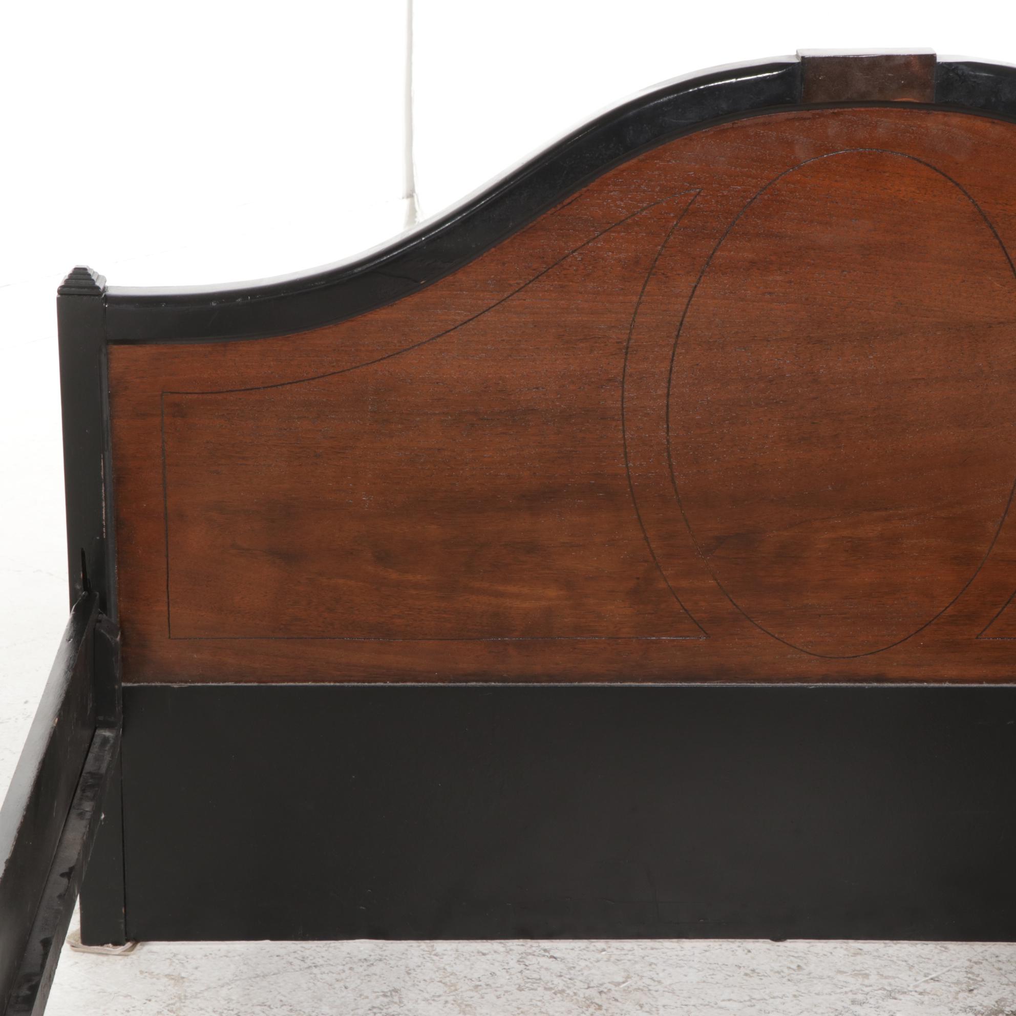 Art Deco Ebonized Wood and Walnut Full Size Bed Frame, Early to Mid 20th Century
