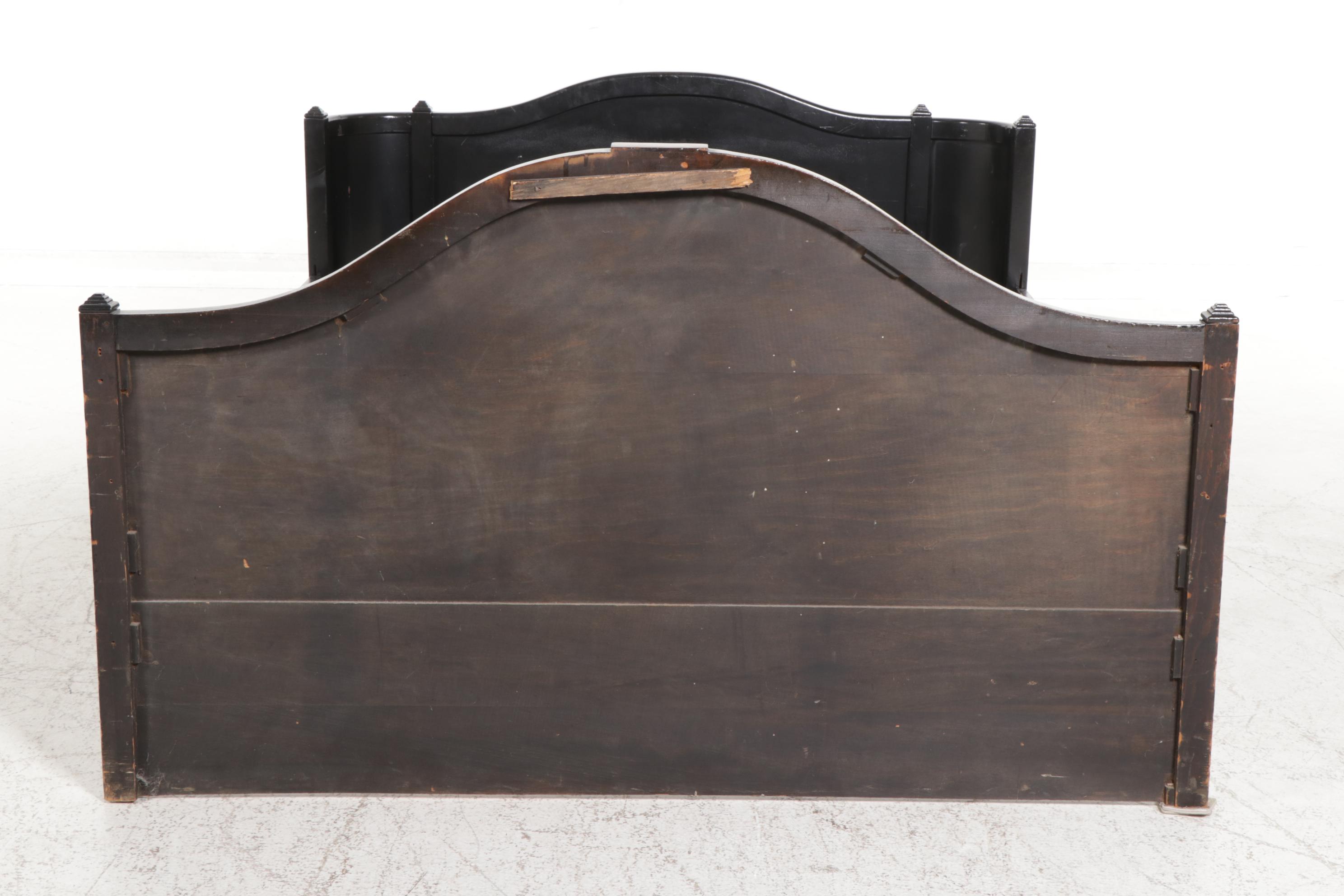 Art Deco Ebonized Wood and Walnut Full Size Bed Frame, Early to Mid 20th Century