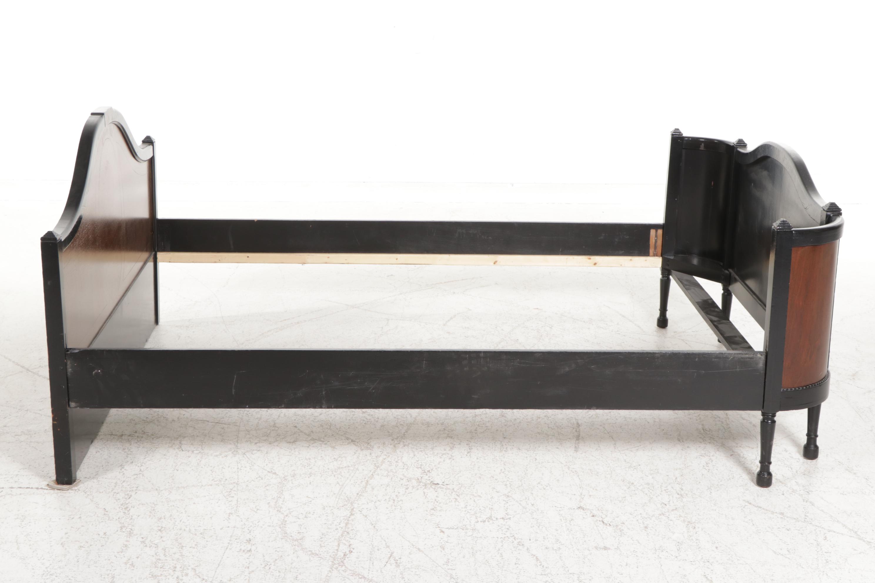 Art Deco Ebonized Wood and Walnut Full Size Bed Frame, Early to Mid 20th Century