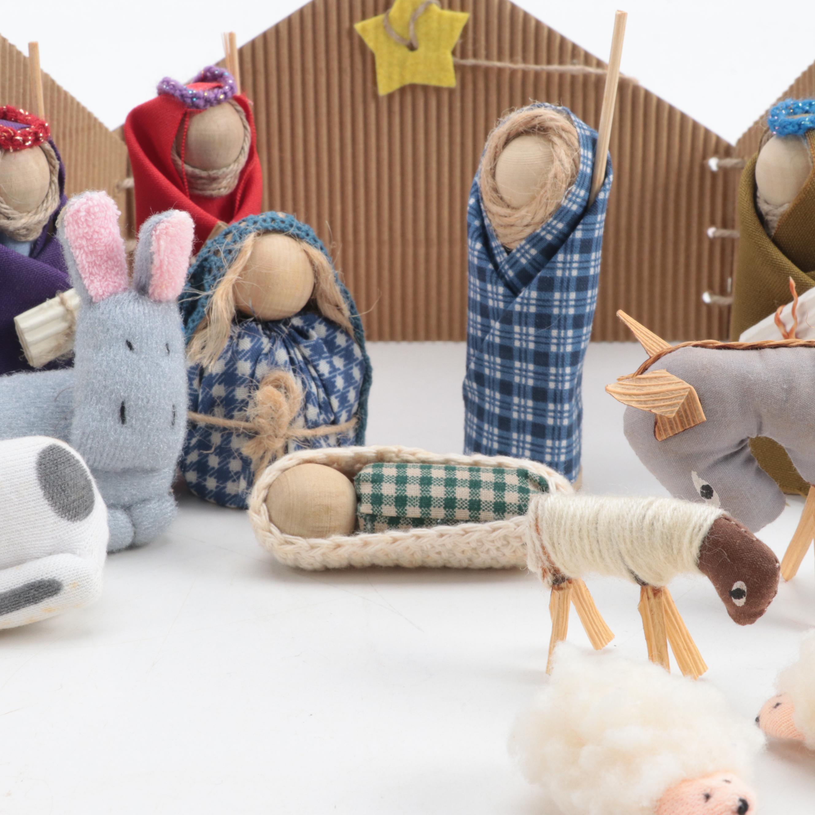 Zulu Made Fabric and Wood Nativity Dolls with Cardboard Backdrop