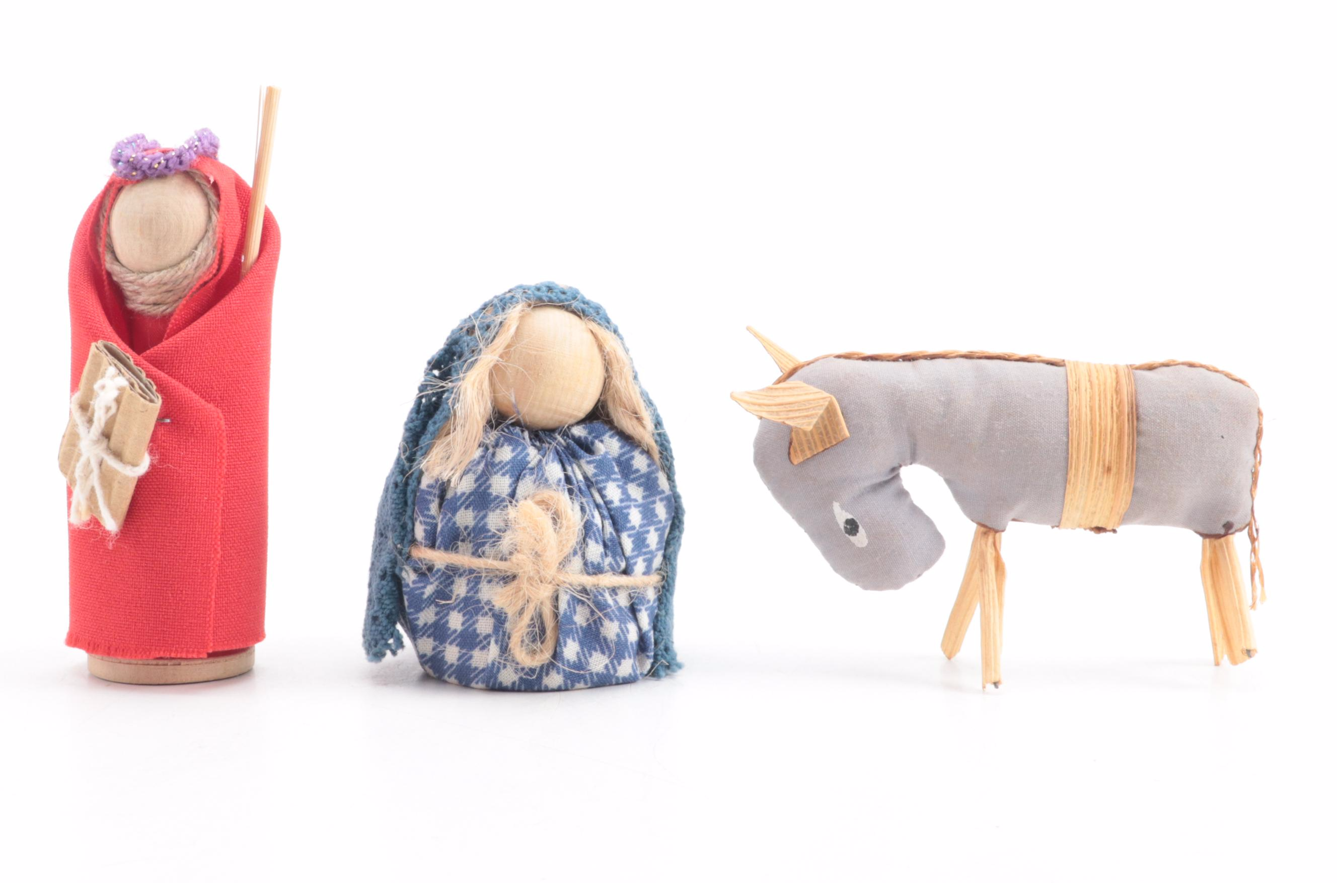 Zulu Made Fabric and Wood Nativity Dolls with Cardboard Backdrop