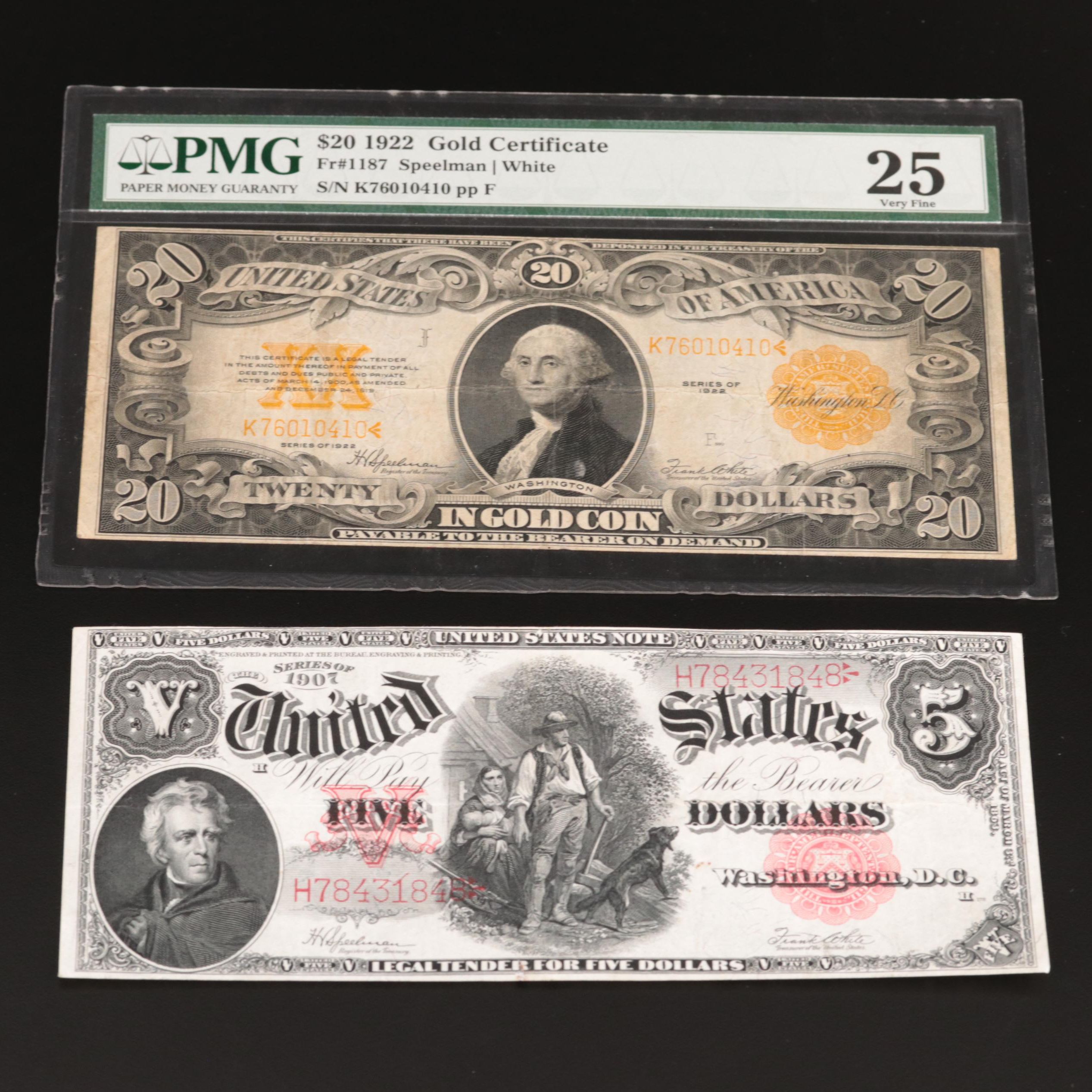 Two U.S. Large-Size Banknotes, Including PMG Graded $20 Gold Certificate