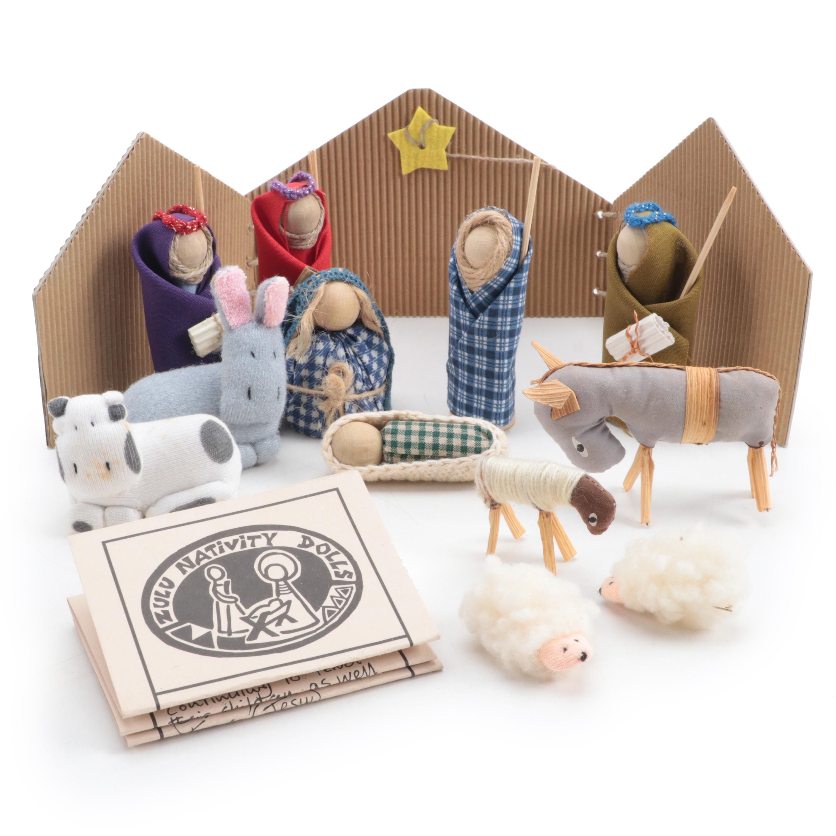 Zulu Made Fabric and Wood Nativity Dolls with Cardboard Backdrop