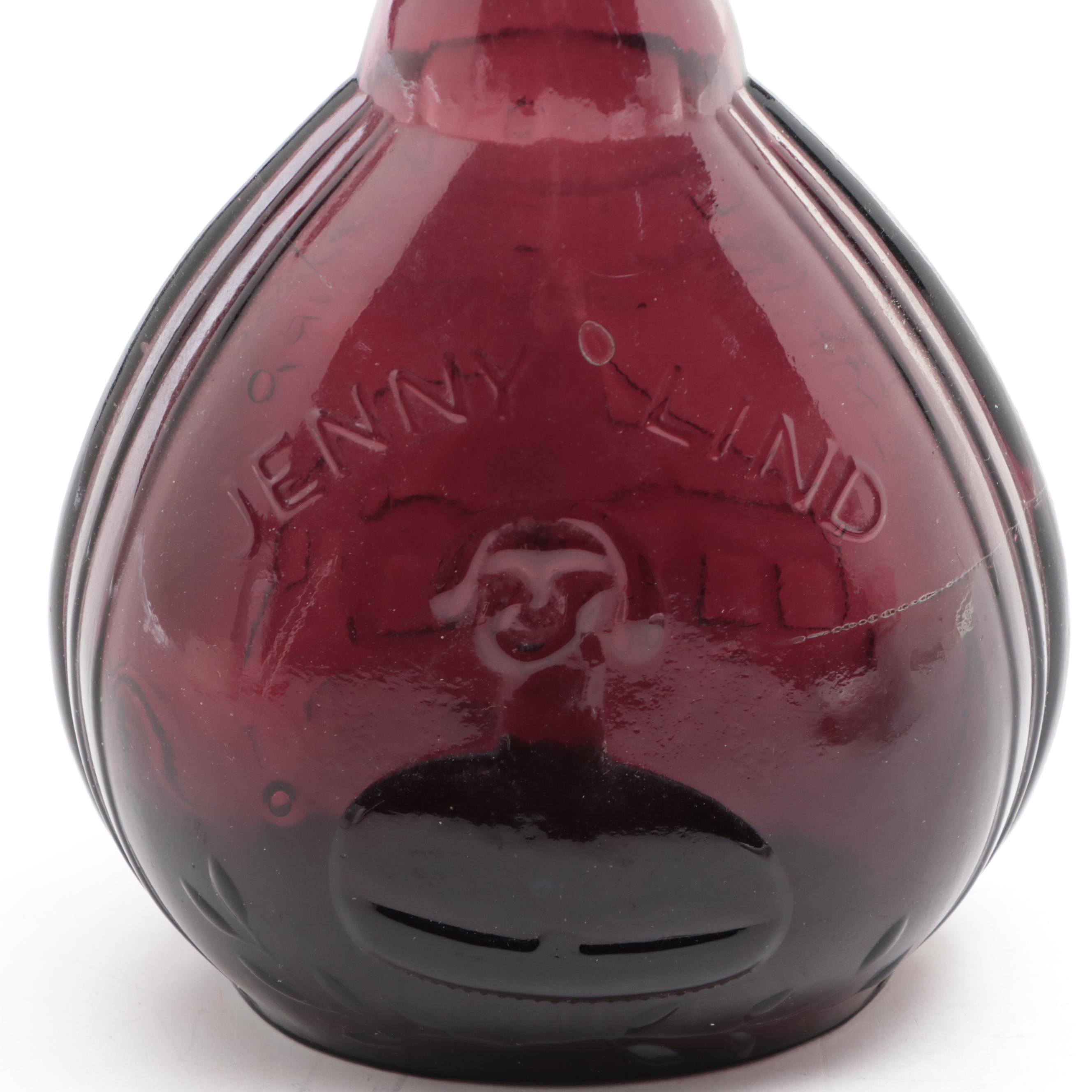 Amethyst Glass Jenny Lind Portrait Bottle with Other Ceramic Tableware