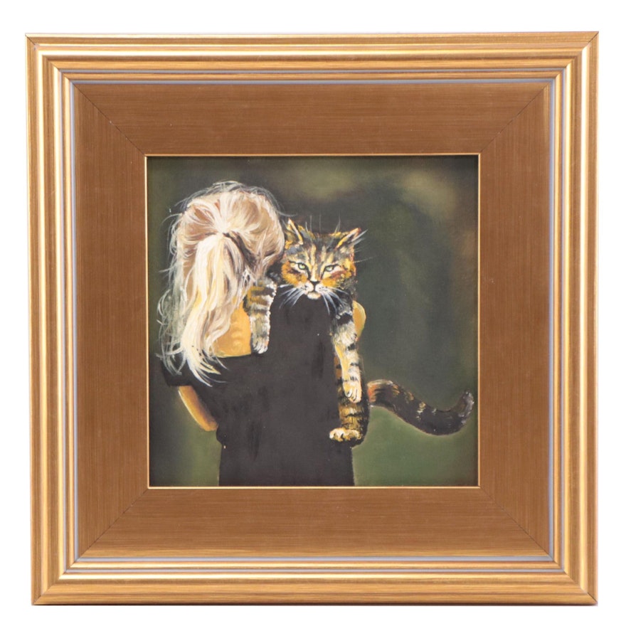 Figural Oil Painting of Girl and Cat, 21st Century