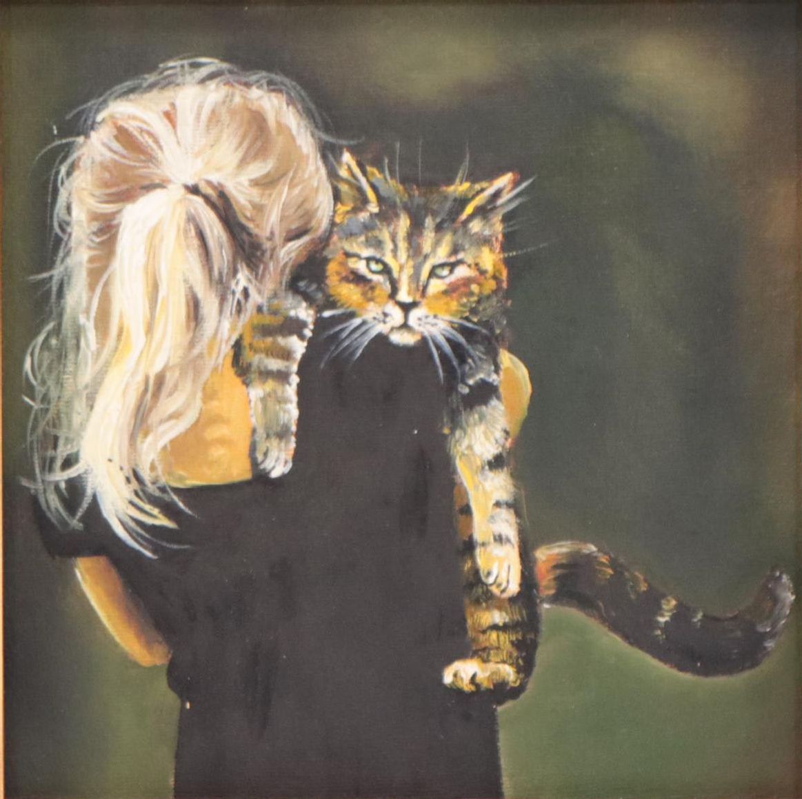 Figural Oil Painting of Girl and Cat, 21st Century