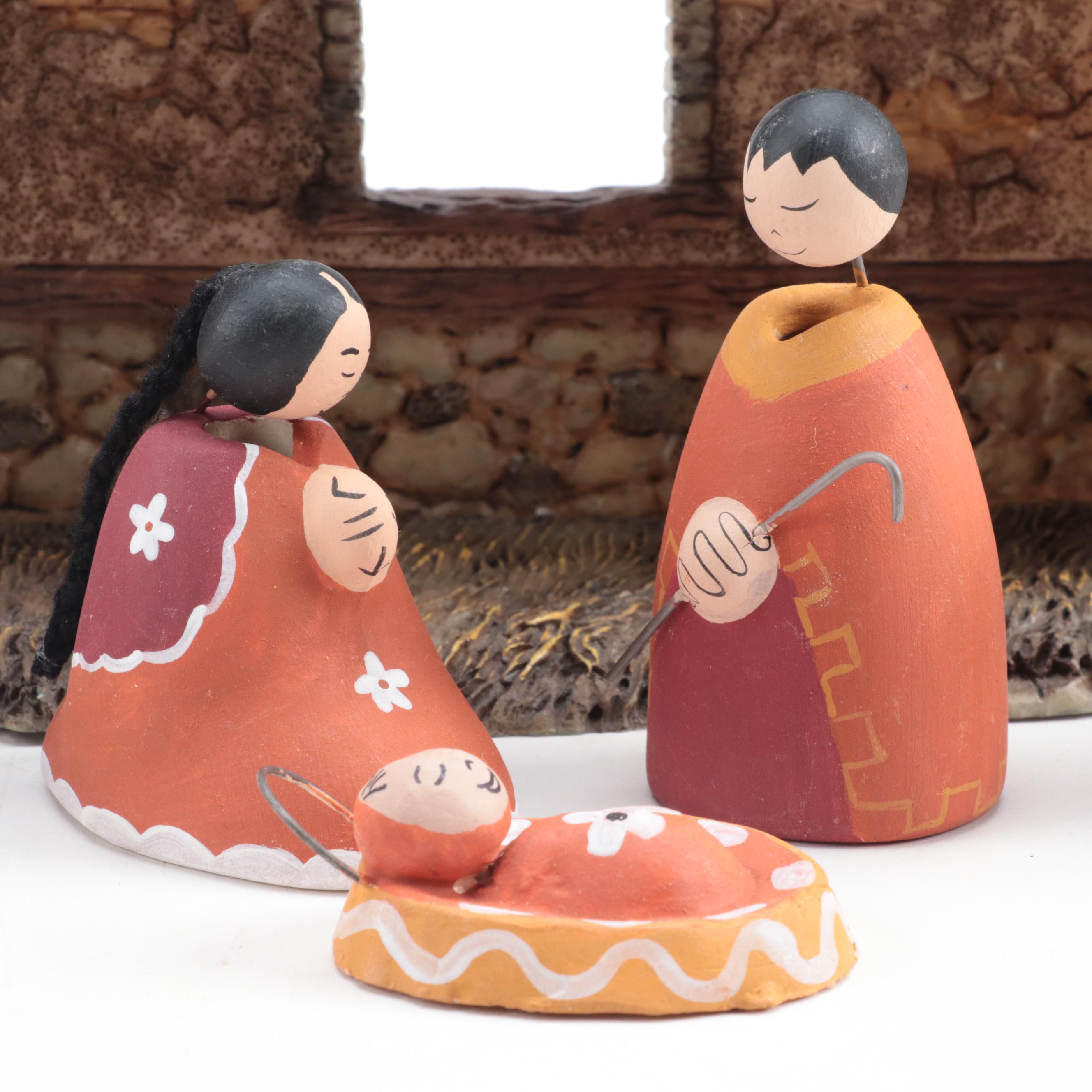 Mexican Ceramic Nativity Figurines with Resin Backdrop
