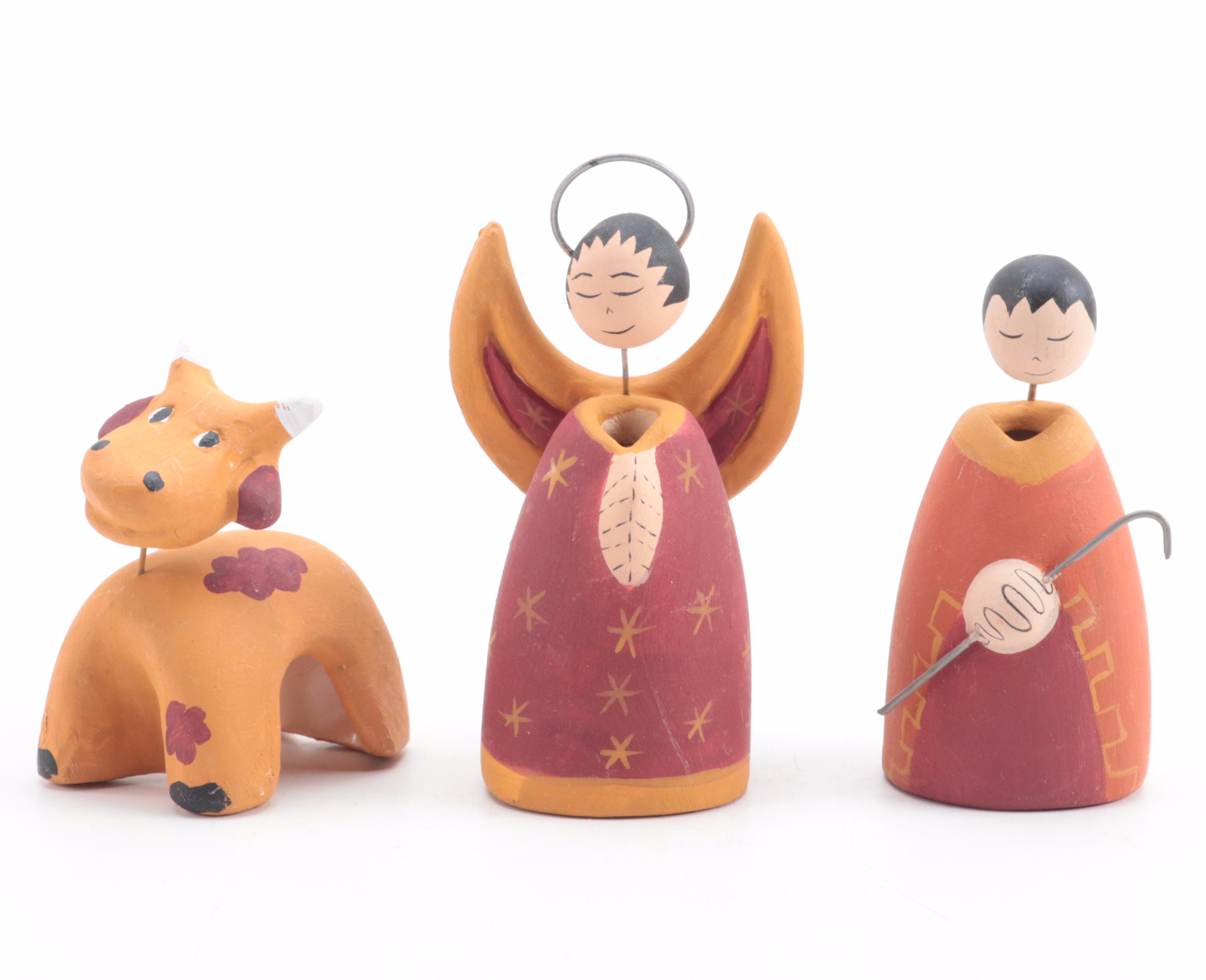 Mexican Ceramic Nativity Figurines with Resin Backdrop