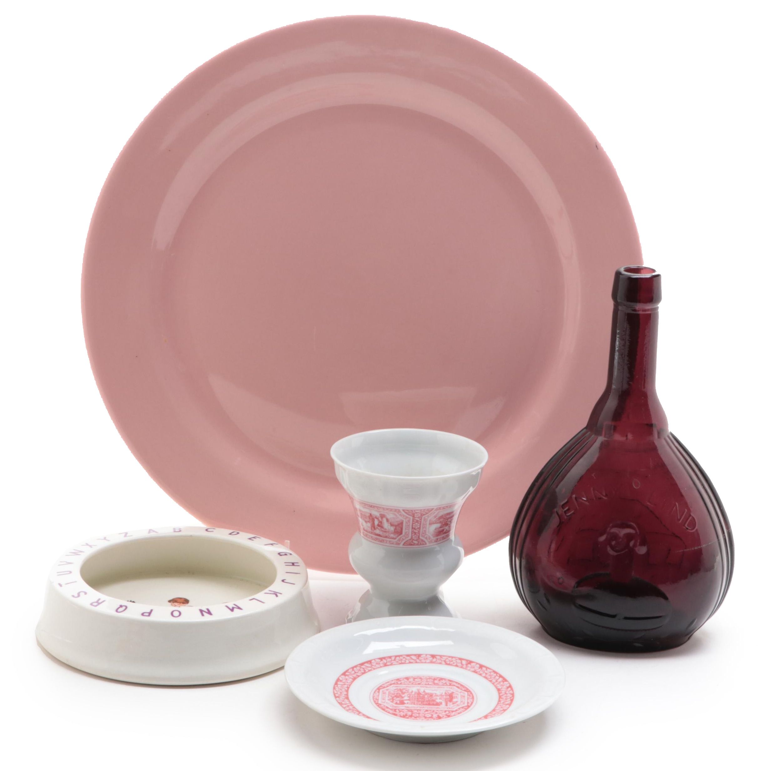 Amethyst Glass Jenny Lind Portrait Bottle with Other Ceramic Tableware