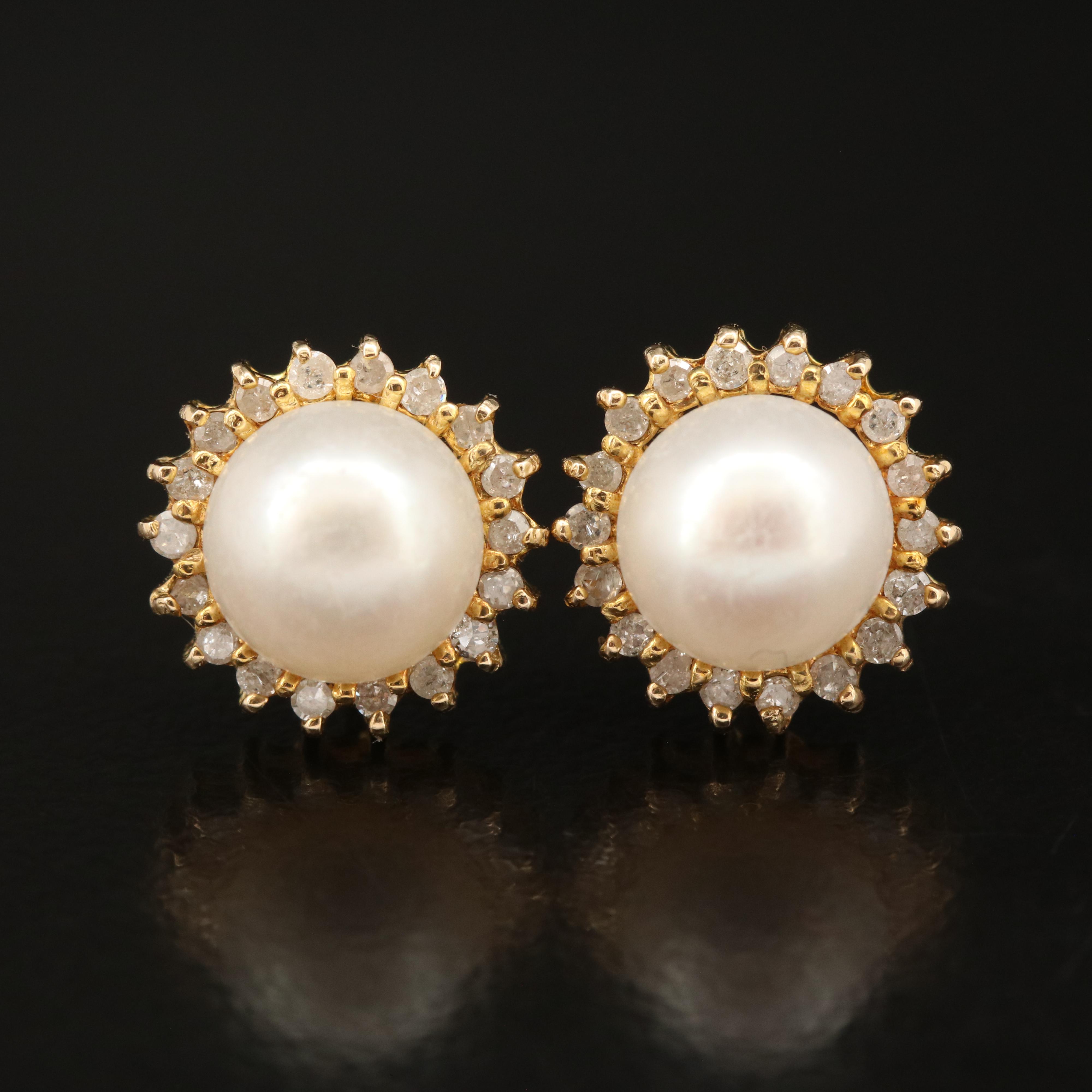 14K Pearl and Diamond Halo Earrings