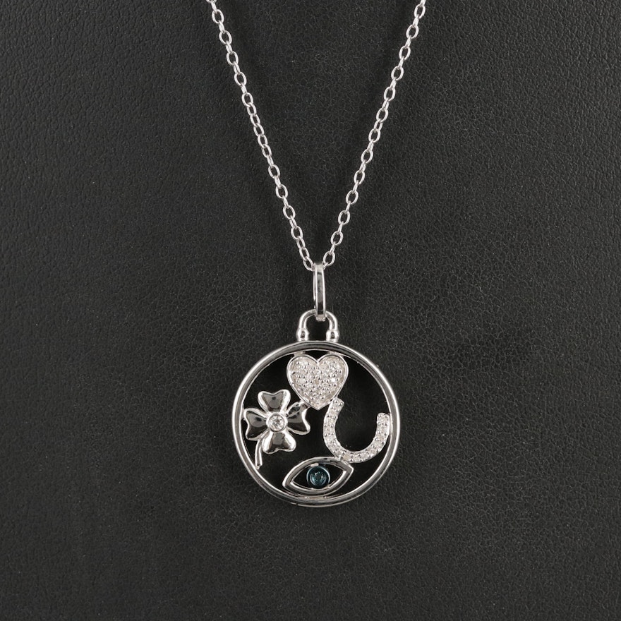 Hallmark Sterling Diamond Heart, Evil Eye, Horseshoe and Clover Pendant Necklace