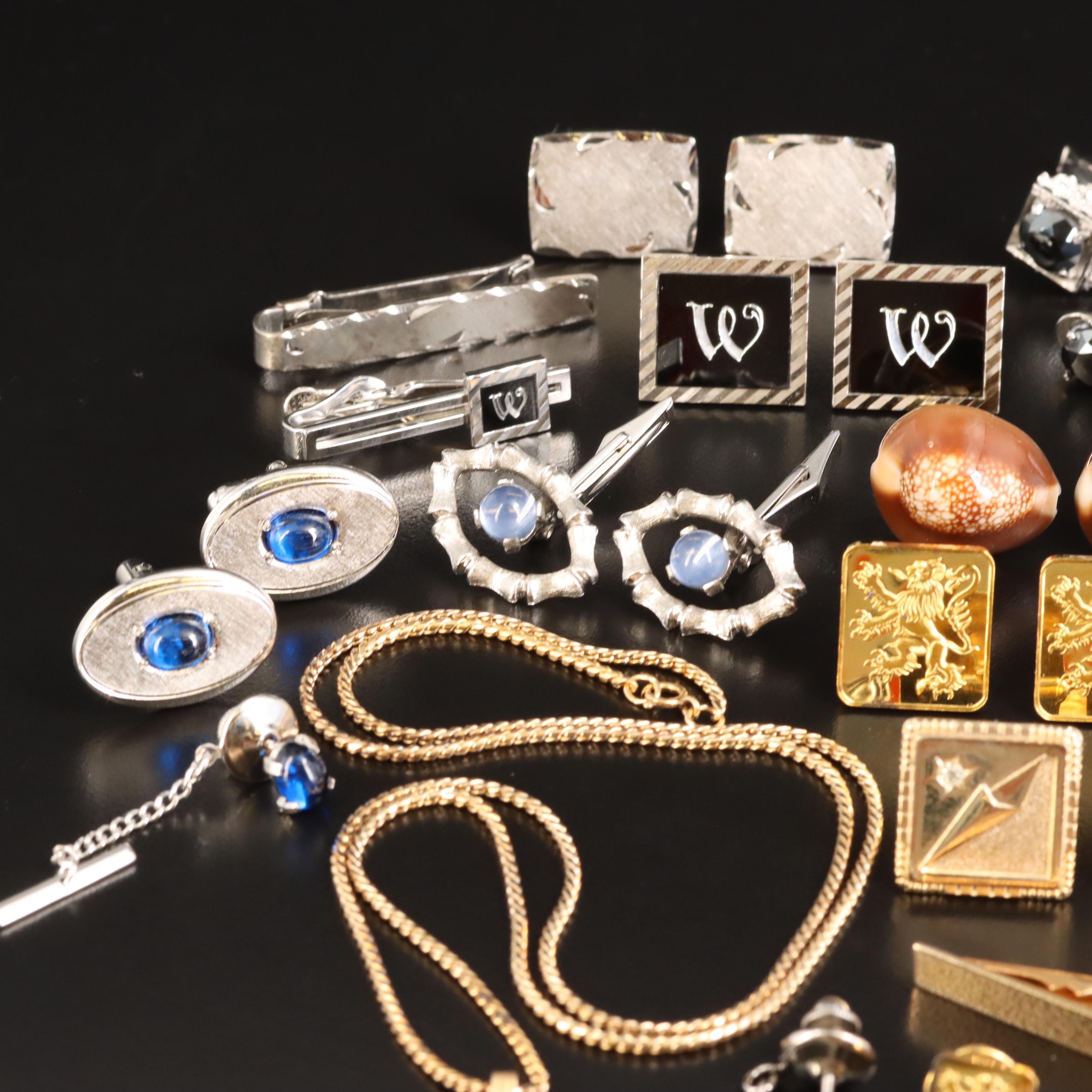 Vintage Necklace, Cufflinks, Tie Bars and Tie Clips Including Gemstones
