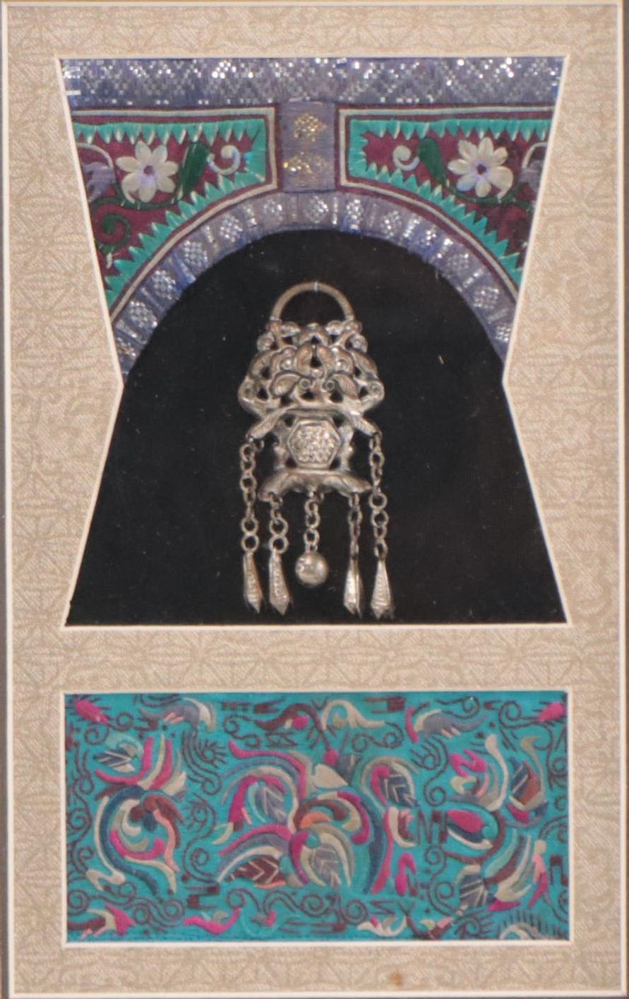 Miao Chinese Silvered Metal Ornament and Embroidery Samples