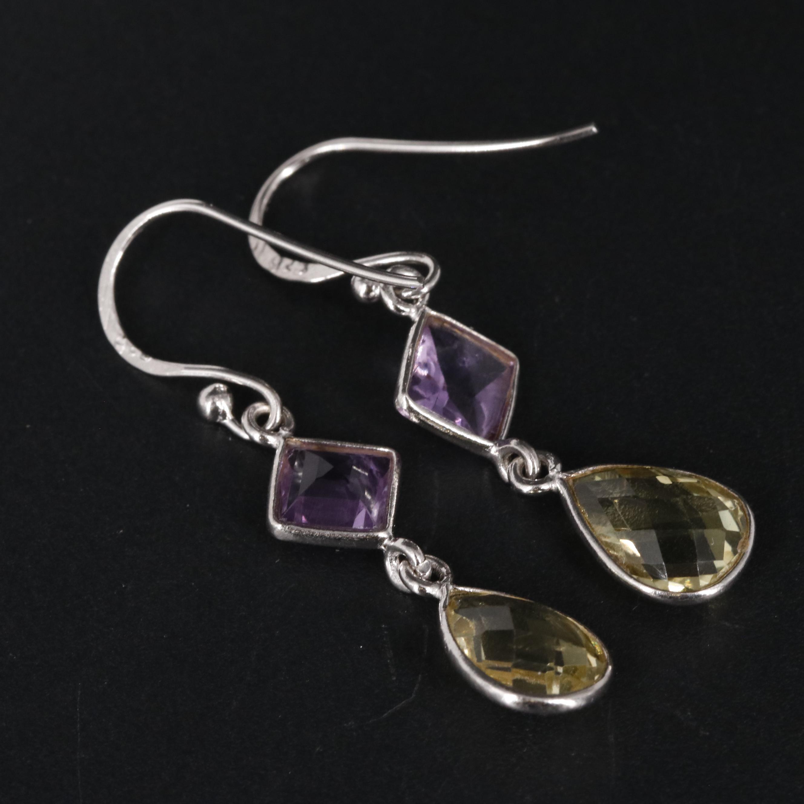 Sterling Lemon Quartz and Amethyst Earrings
