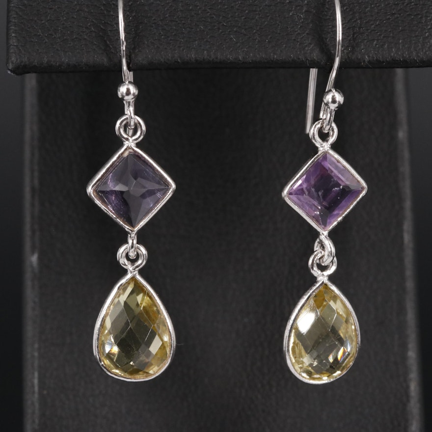 Sterling Lemon Quartz and Amethyst Earrings