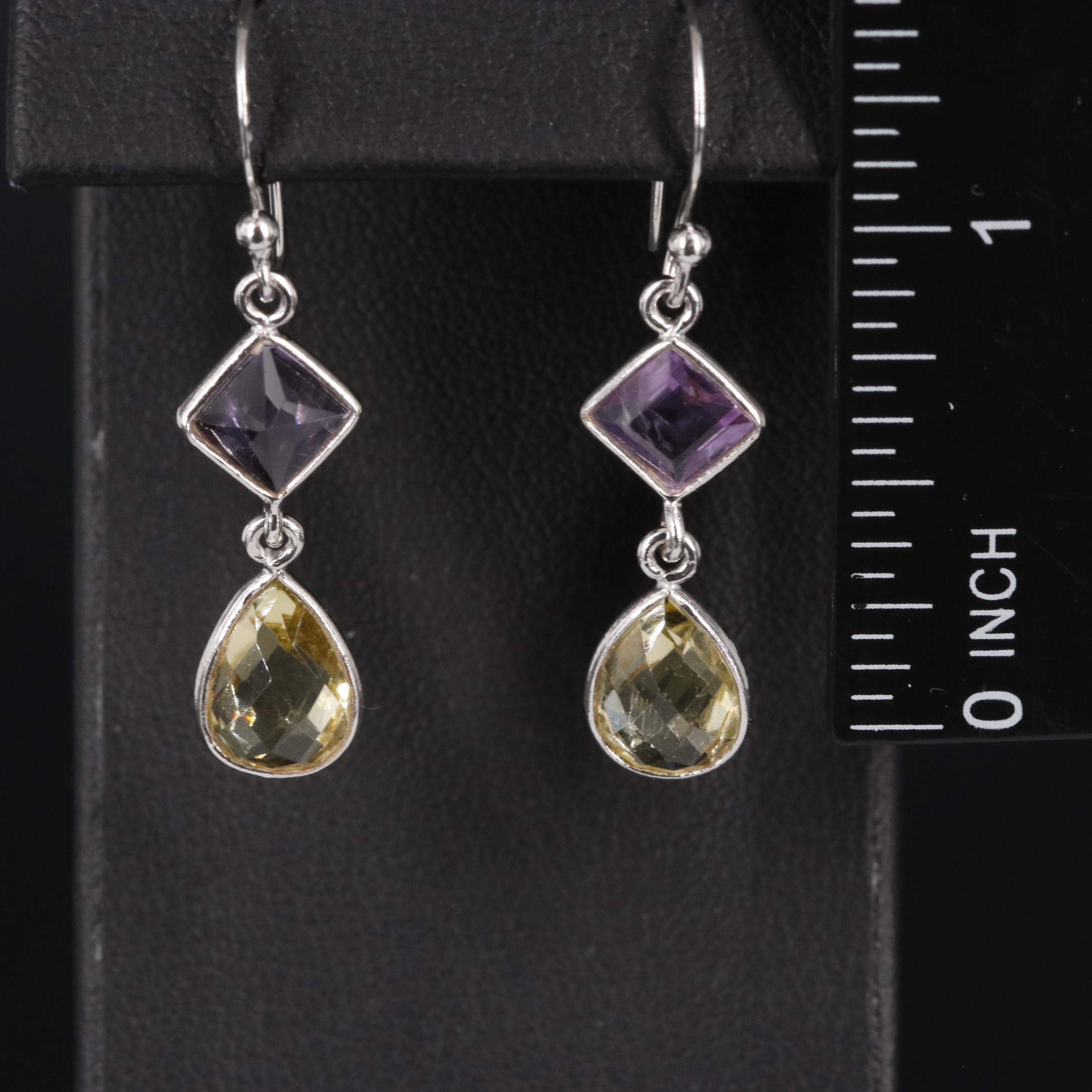 Sterling Lemon Quartz and Amethyst Earrings