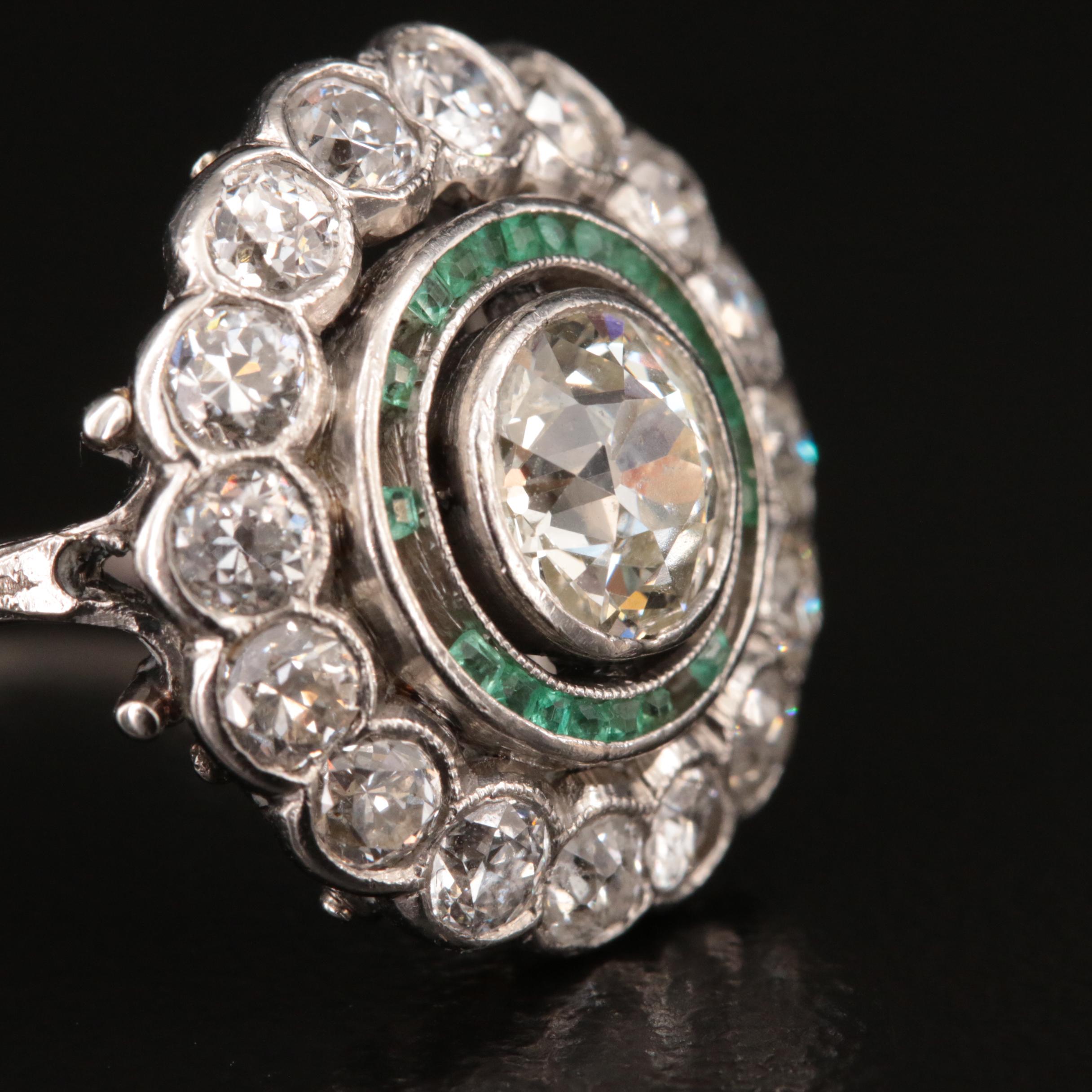 Vintage Platinum 2.08 CTW Diamond and Emerald Ring