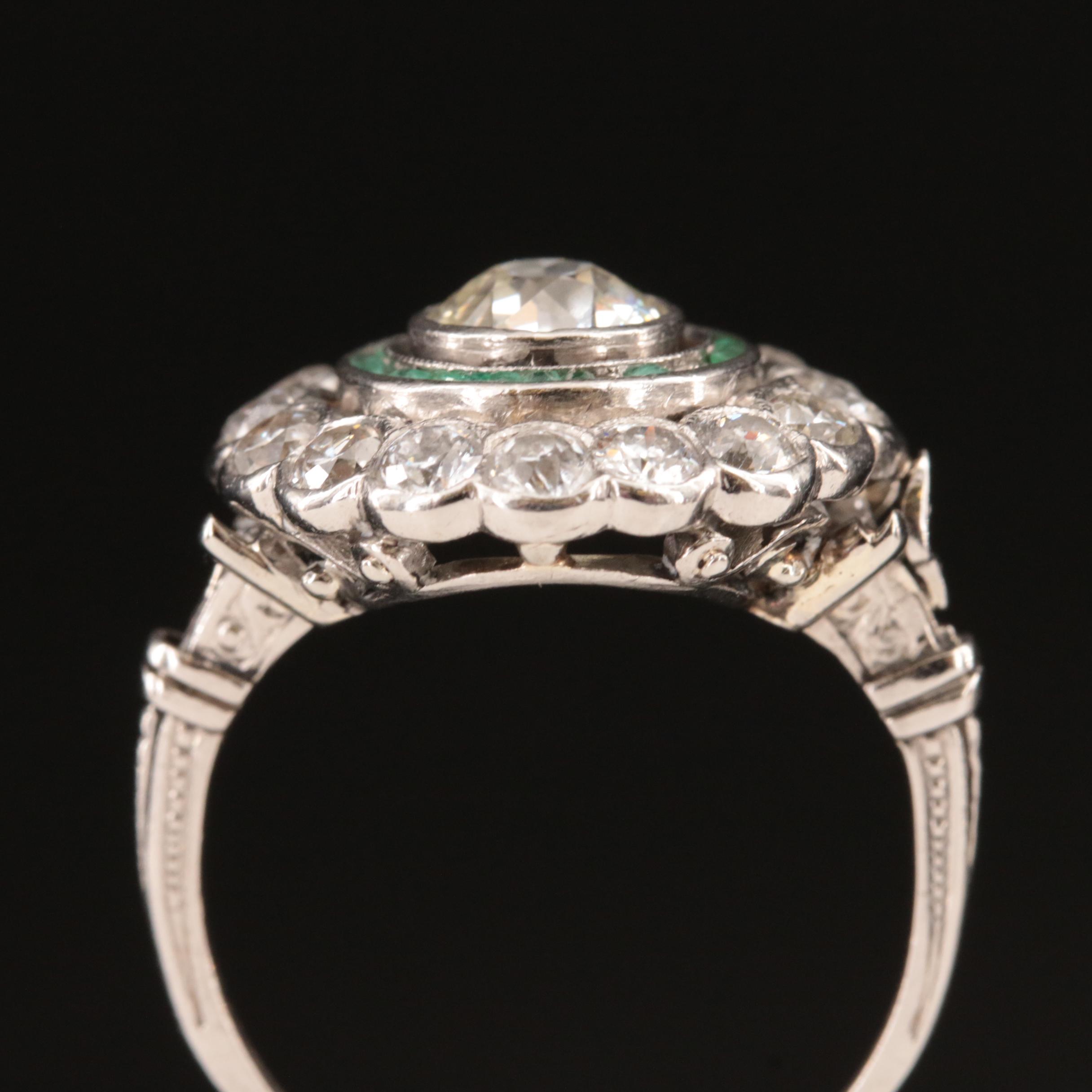 Vintage Platinum 2.08 CTW Diamond and Emerald Ring