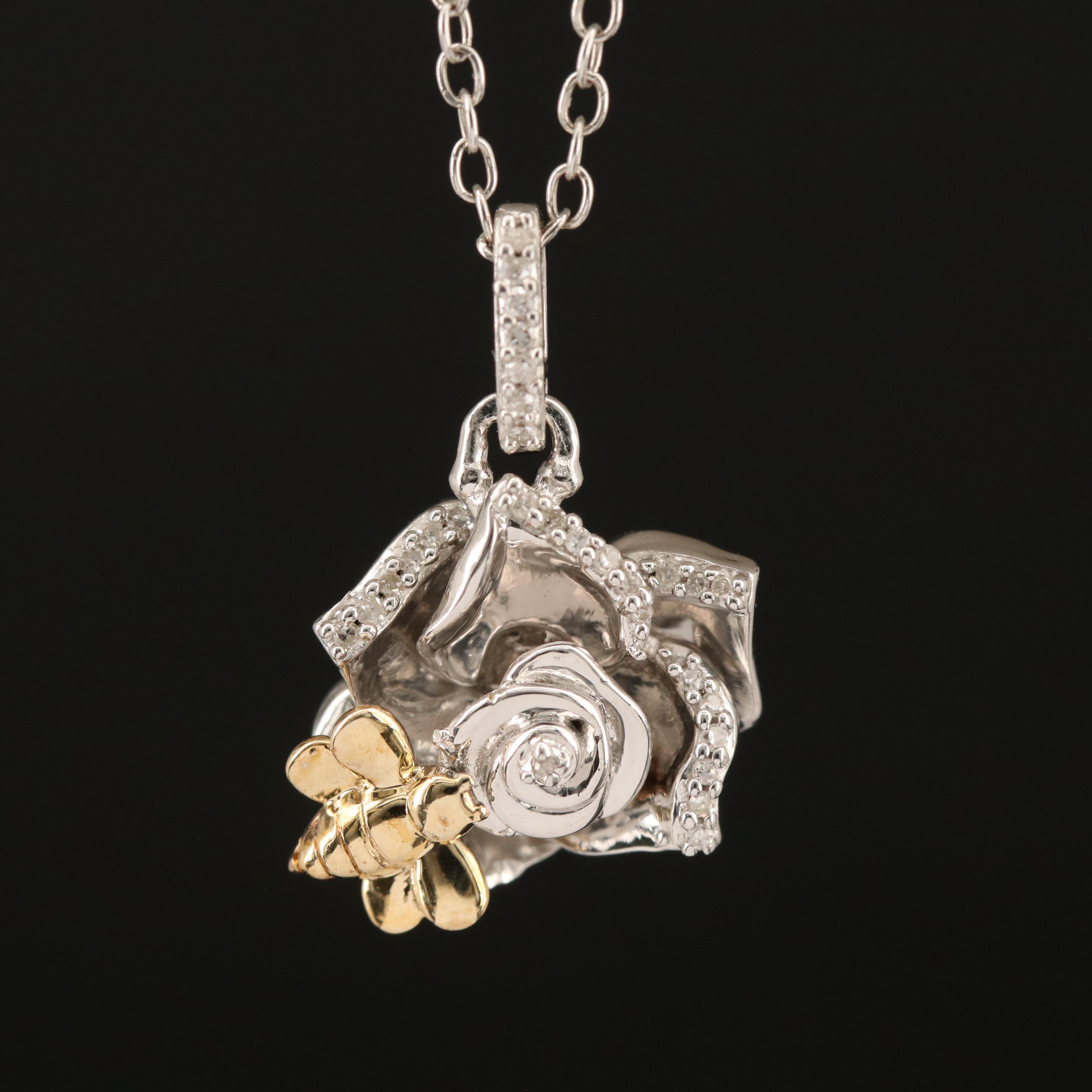 Hallmark Sterling Diamond Flower and Bee Pendant Necklace