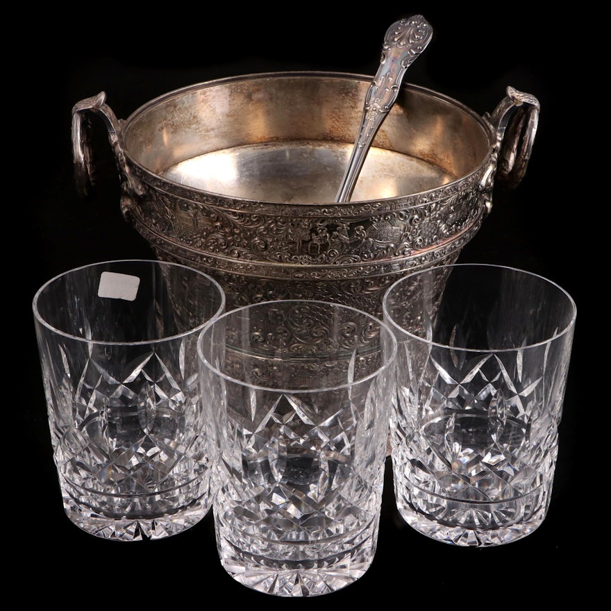 Waterford "Lismore" Old Fashioned Glasses with Silver Plate Ice Bucket and Spoon