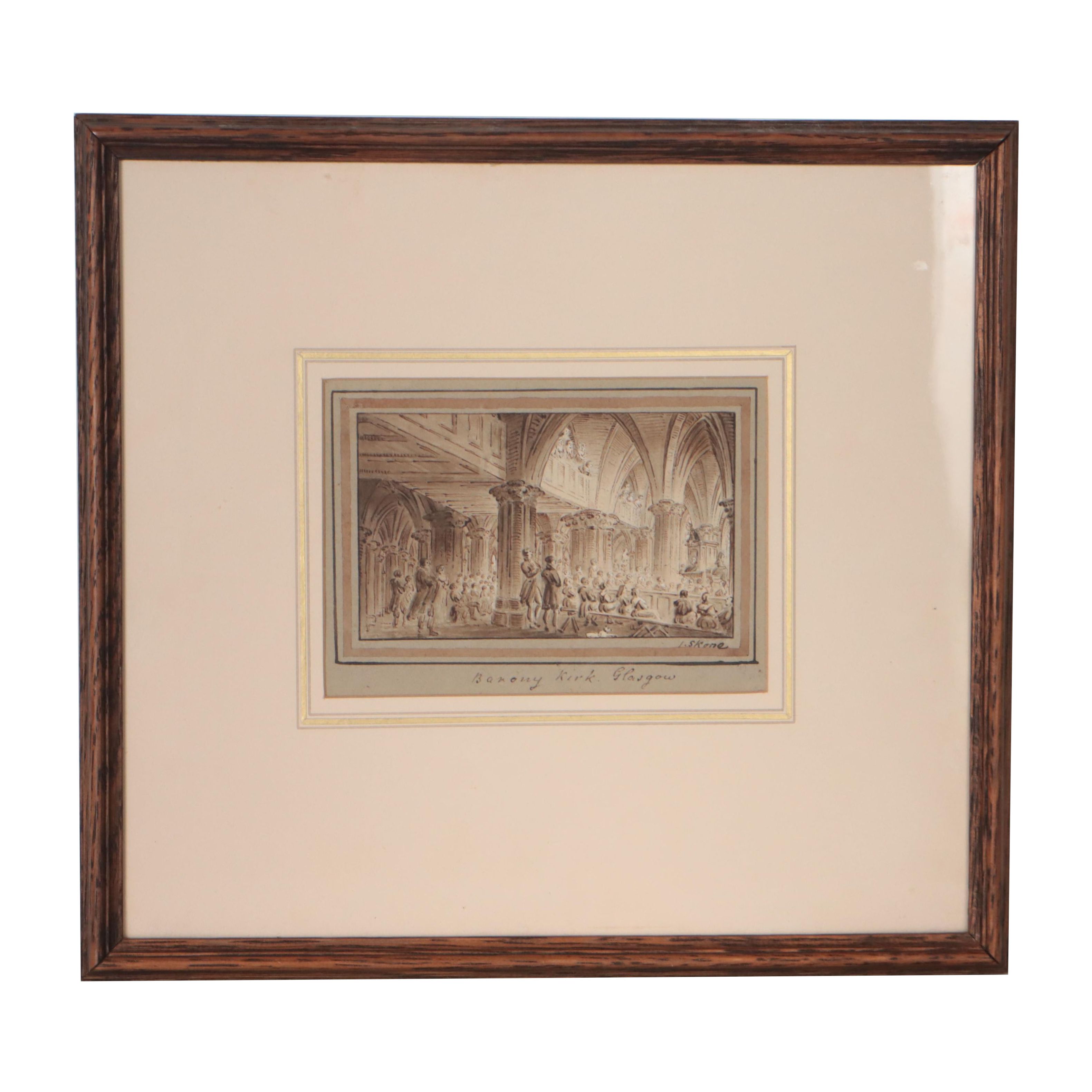 James Skene Ink Wash Illustration "Barony Kirk, Glasgow"