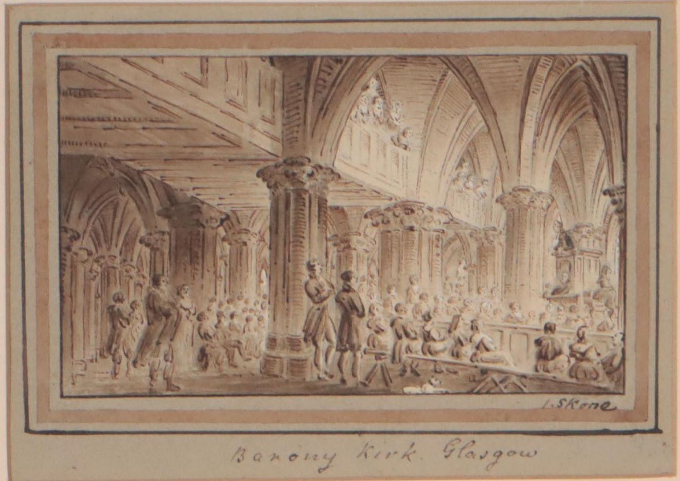 James Skene Ink Wash Illustration "Barony Kirk, Glasgow"