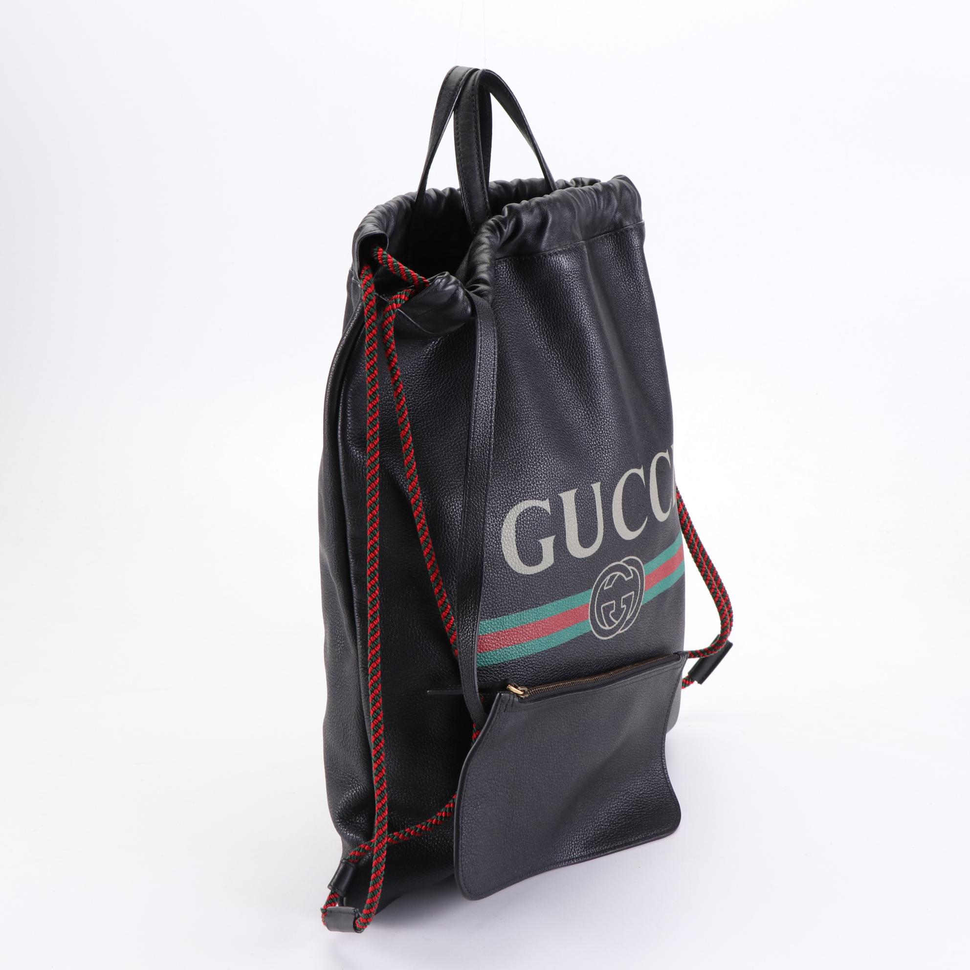 Gucci Drawstring Backpack in Printed Black Leather w/Zip Pouch