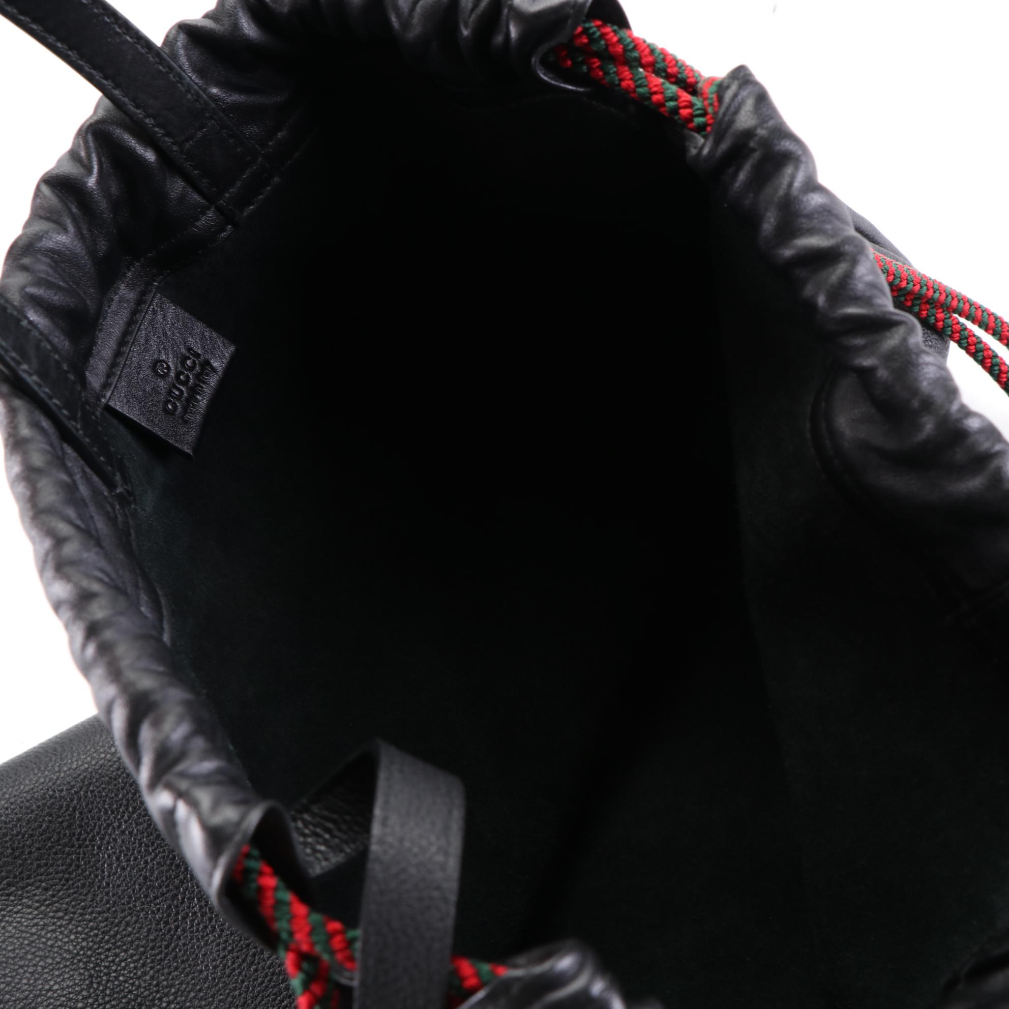 Gucci Drawstring Backpack in Printed Black Leather w/Zip Pouch