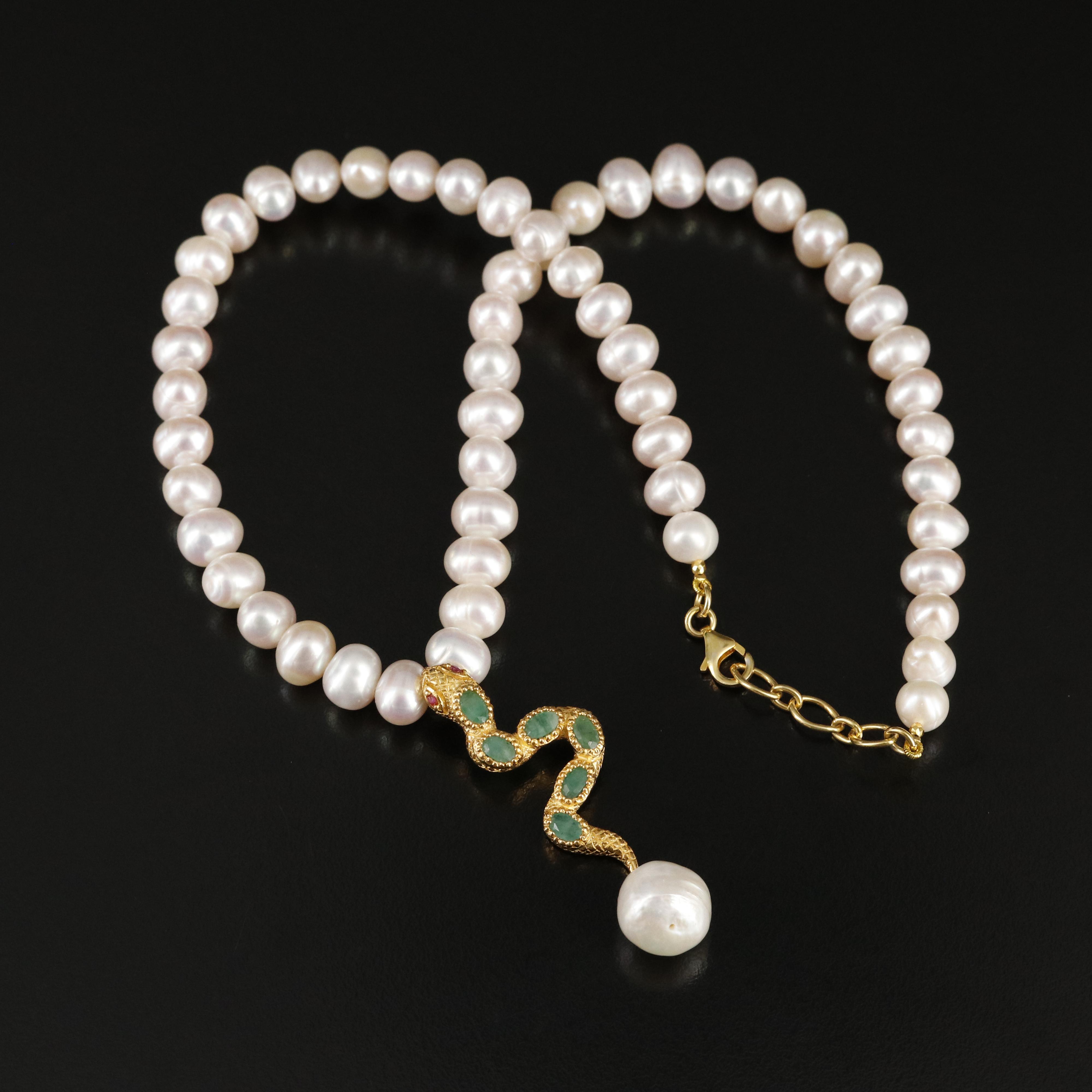 Sterling Pearl, Ruby and Emerald Snake Necklace