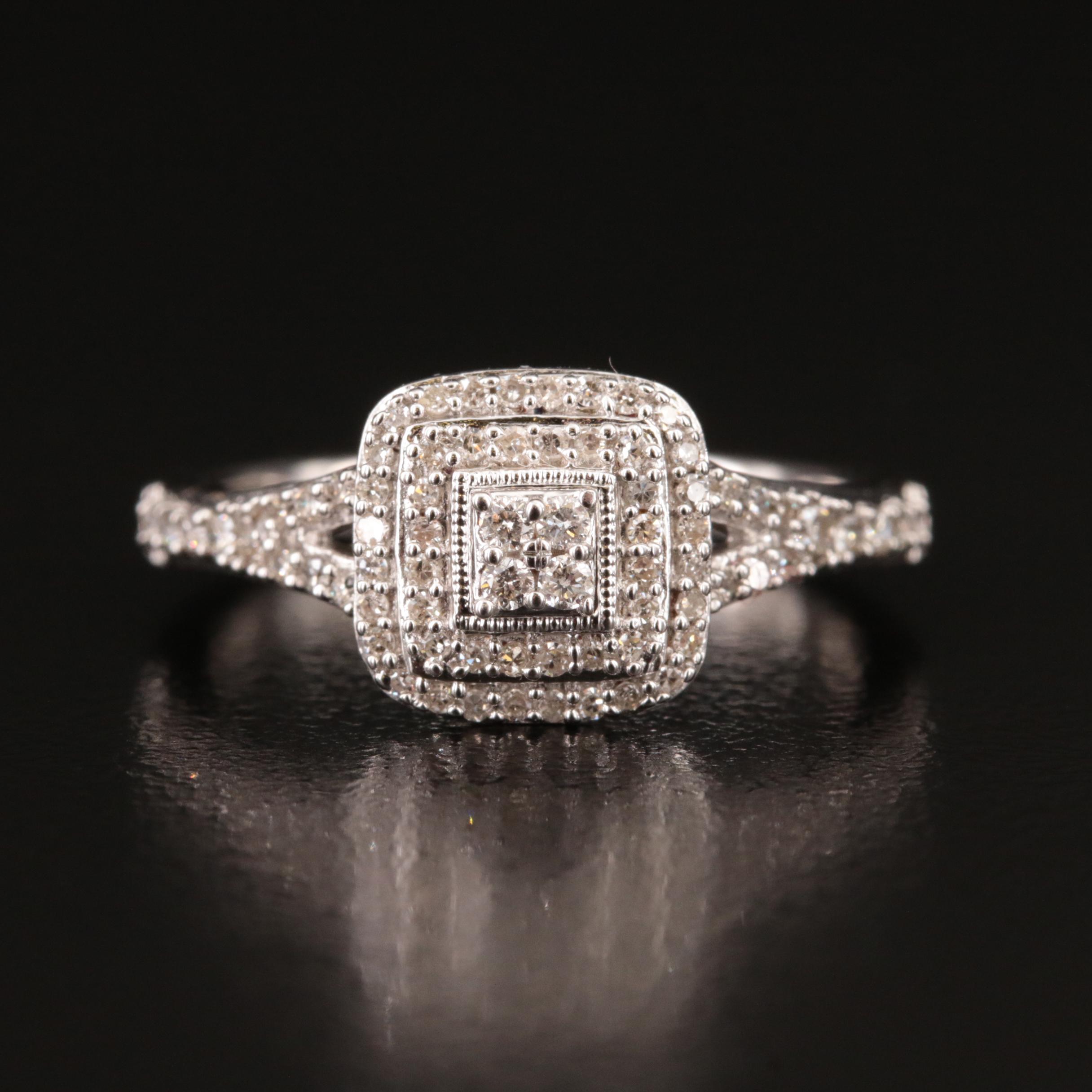 Sterling Diamond Square Halo Ring