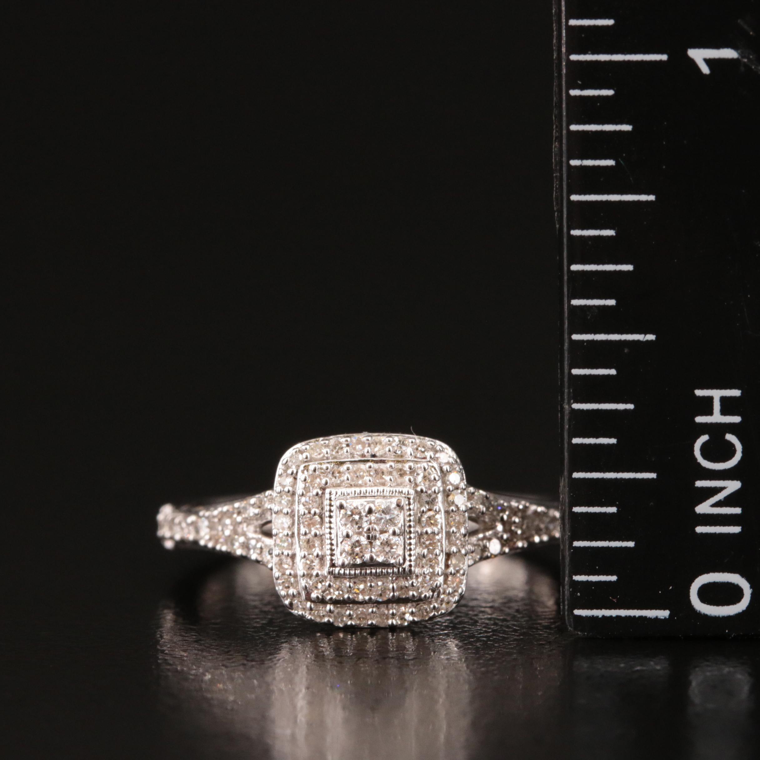 Sterling Diamond Square Halo Ring