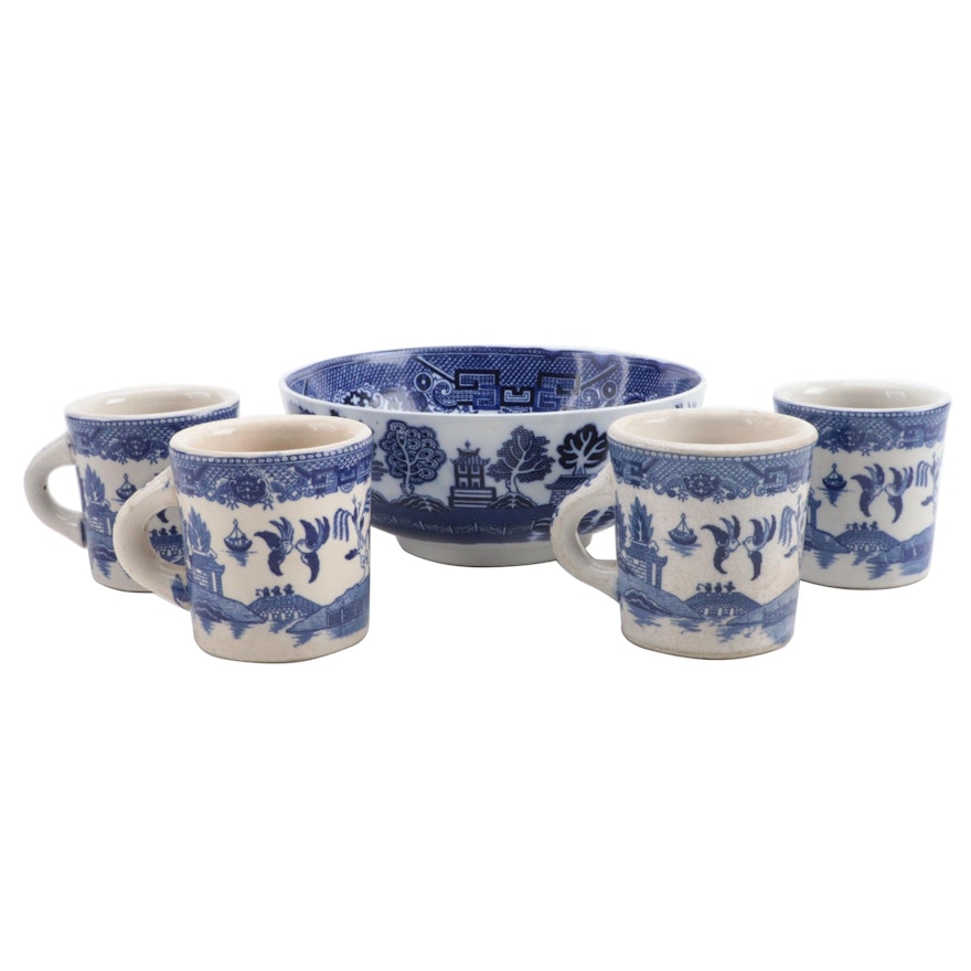 Allertons with Other "Blue Willow" Earthenware Serving Bowl and Mugs