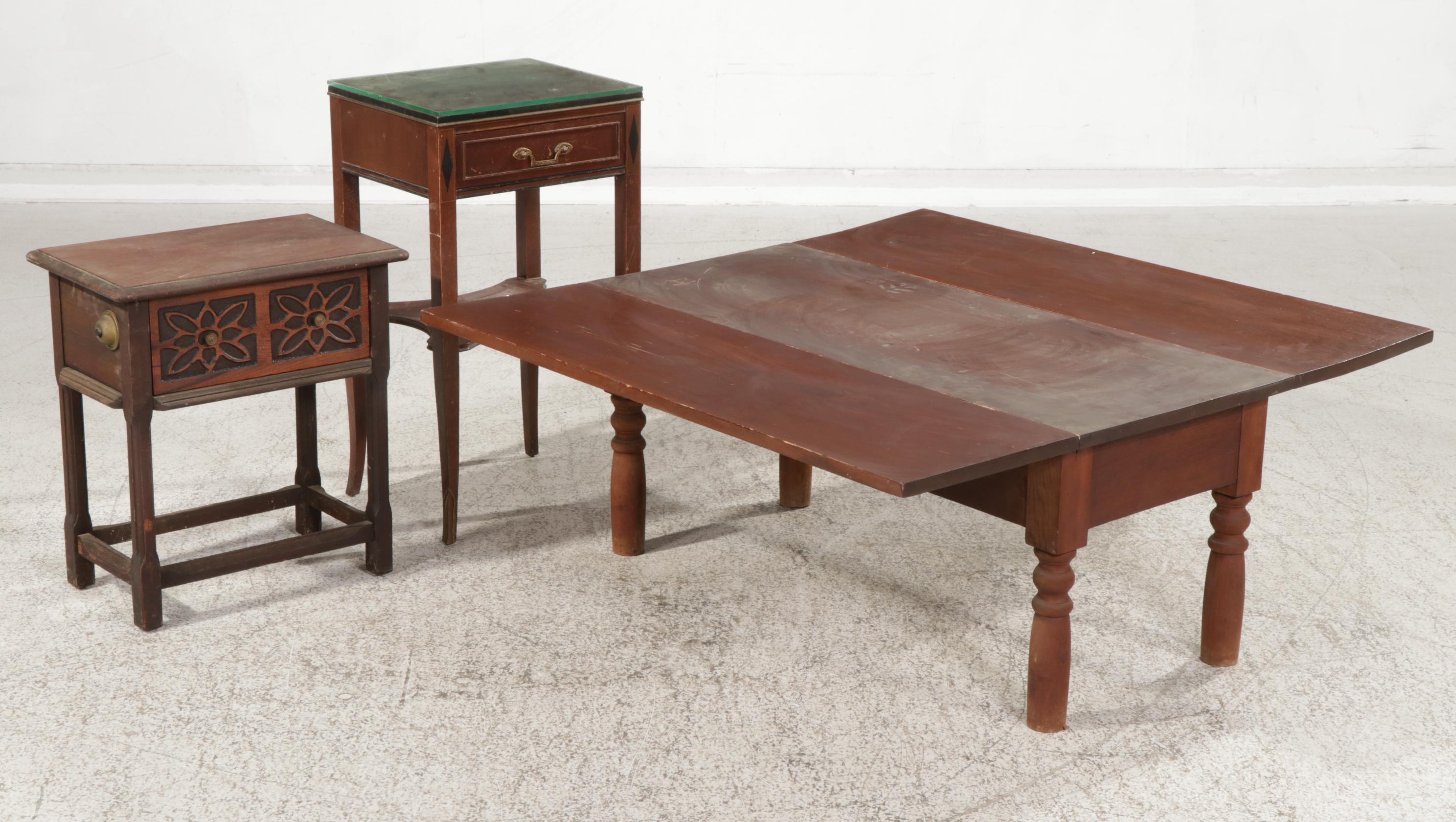 Primitive Drop Leaf Coffee Table, Rway Mahogany End Table and Other Side Table